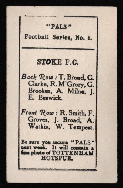 Pals Magazine - 'Football Series' (1922) - Card #5 - Stoke F.C. Pals Magazine - 'Football Series' (1922) - Card #5 - Stoke F.C.