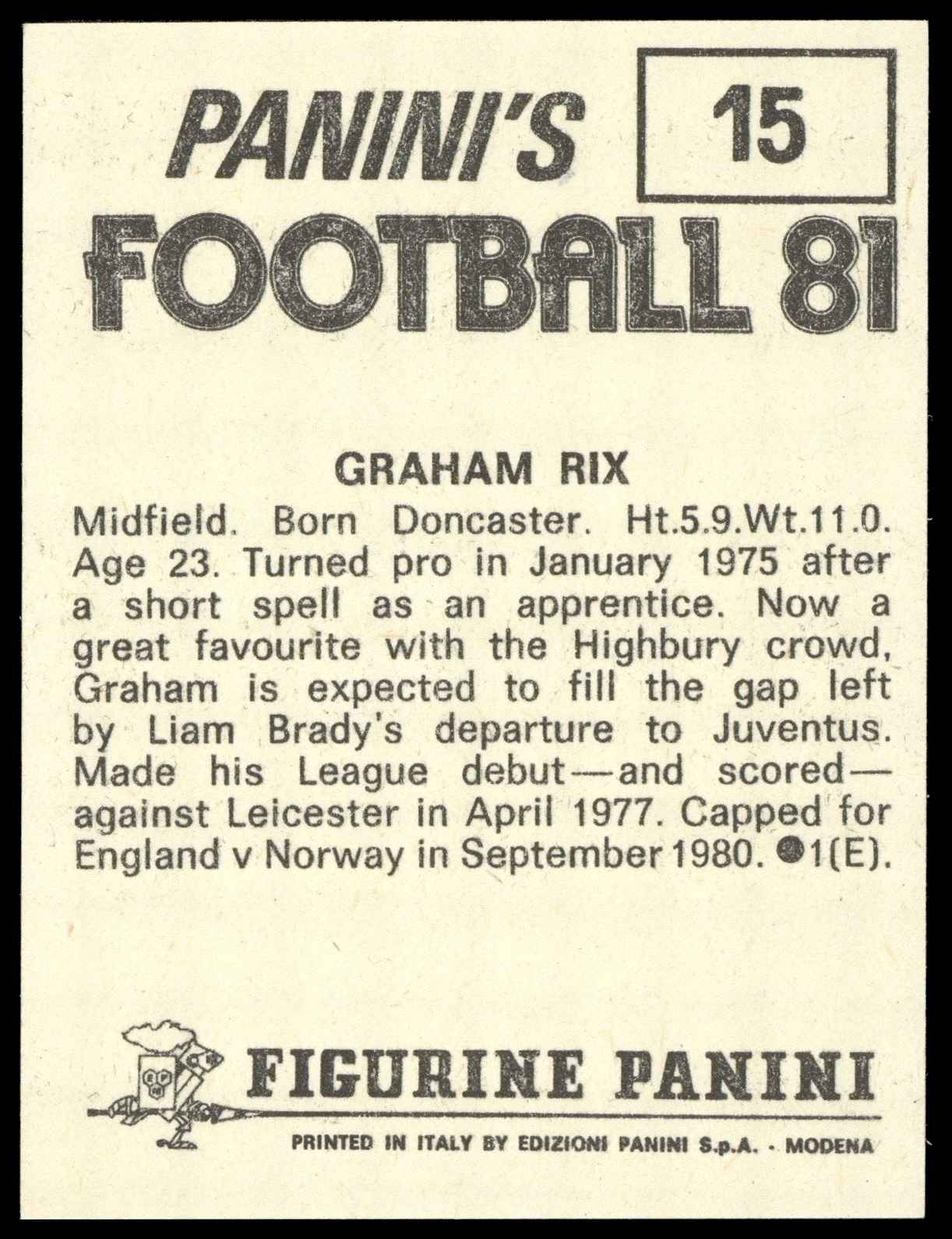 Panini - 'Football 81' (1981) - Graham Rix (Arsenal) Panini - 'Football 81' (1981) - Graham Rix (Arsenal)