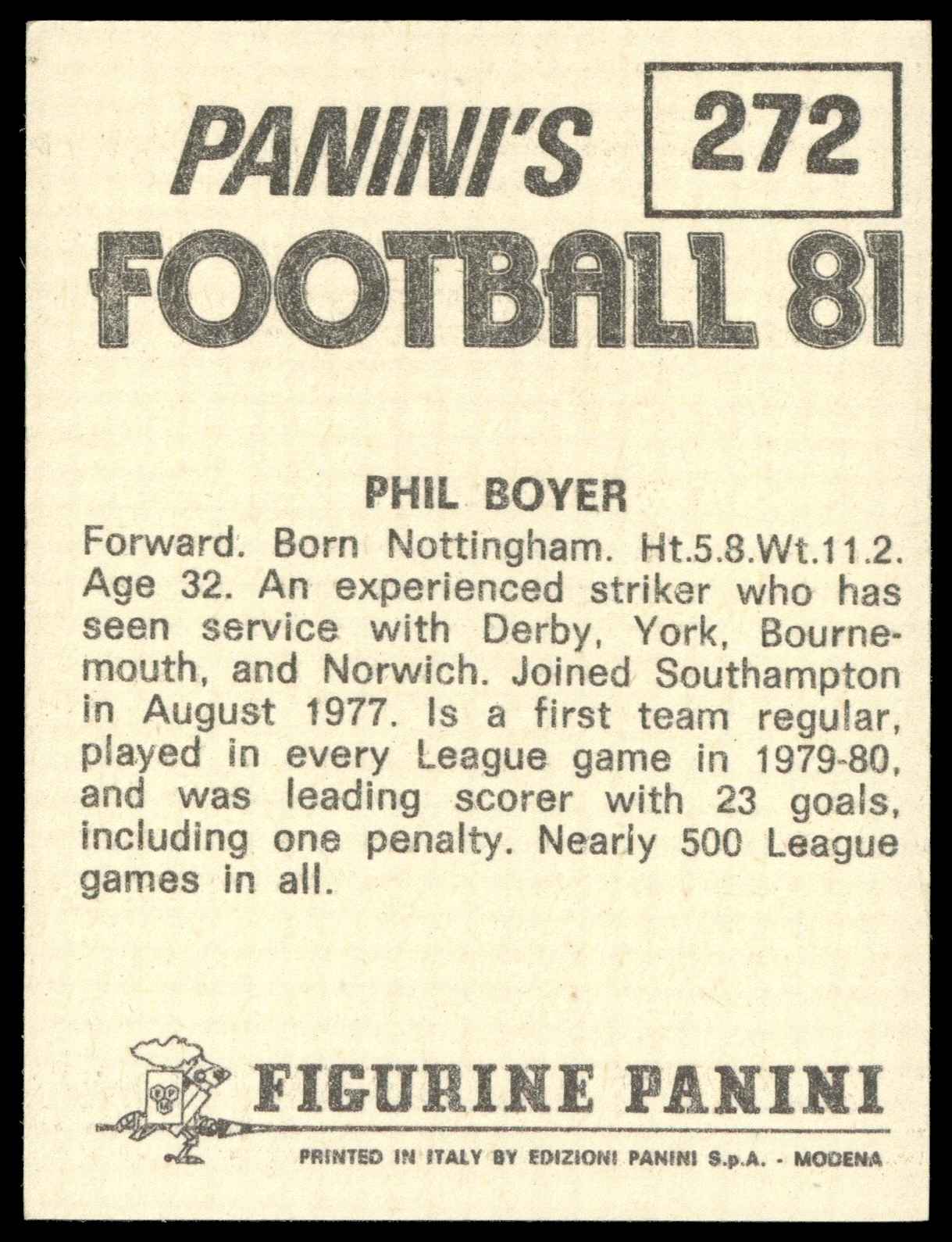 Panini - 'Football 81' (1981) - Phil Boyer (Southampton) Panini - 'Football 81' (1981) - Phil Boyer (Southampton)