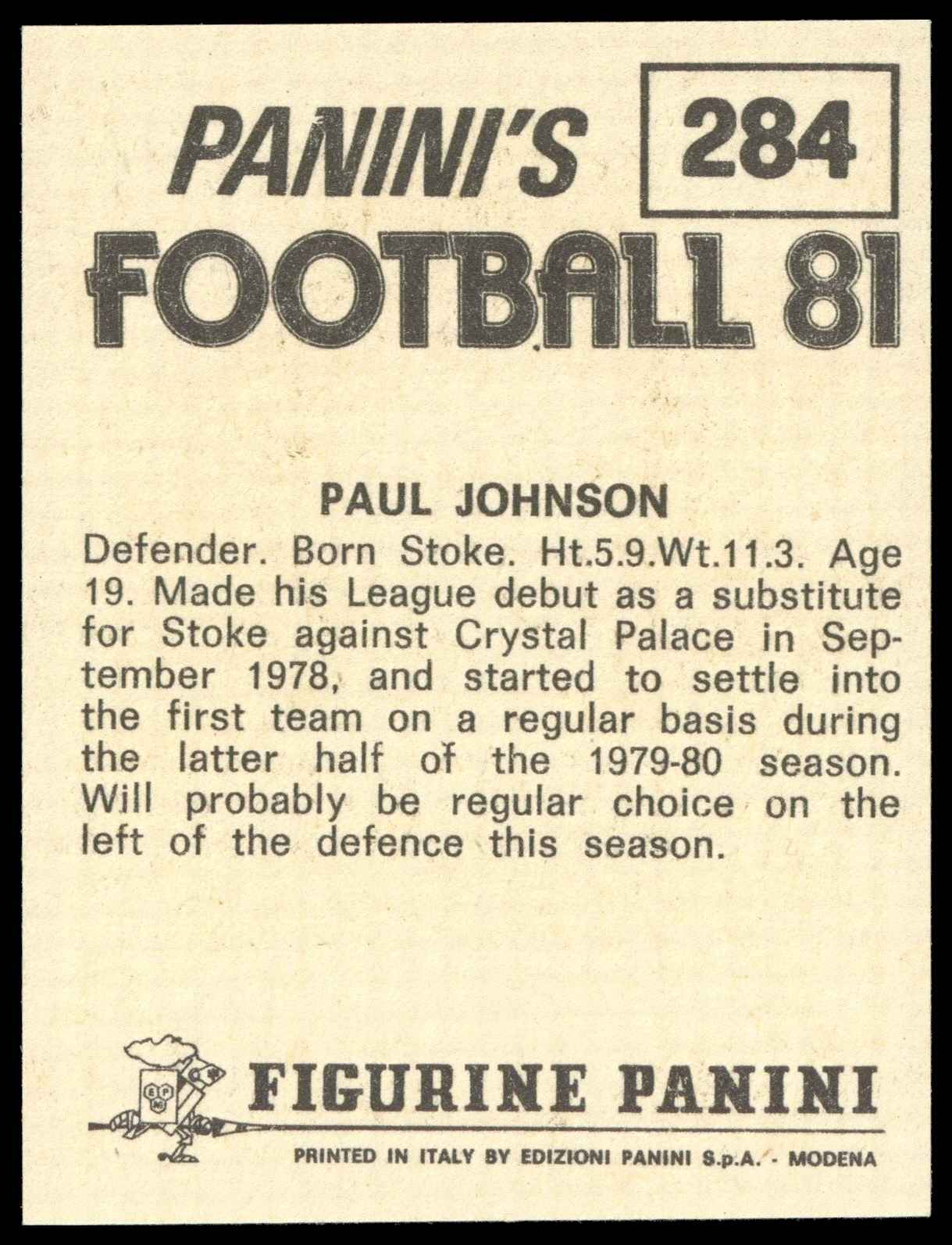Panini - 'Football 81' (1981) - Paul Johnson (Stoke City) Panini - 'Football 81' (1981) - Paul Johnson (Stoke City)