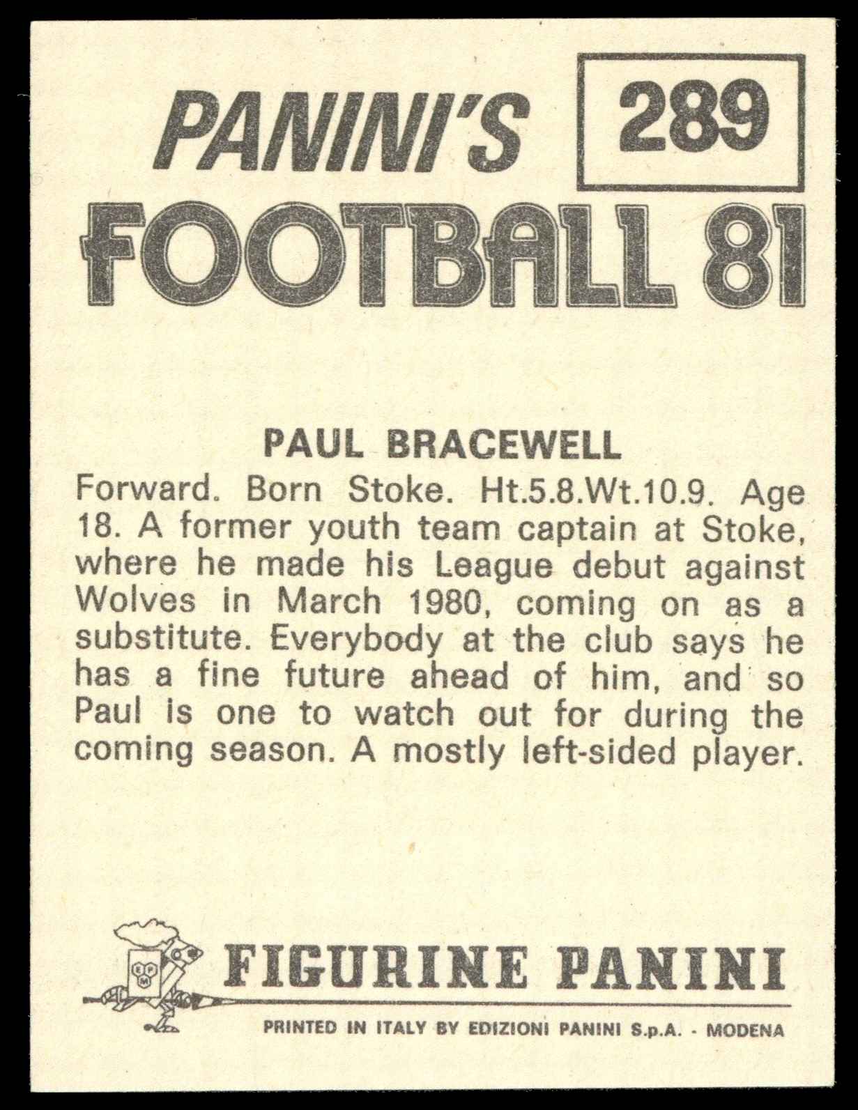 Panini - 'Football 81' (1981) - Paul Bracewell (Stoke City) Panini - 'Football 81' (1981) - Paul Bracewell (Stoke City)