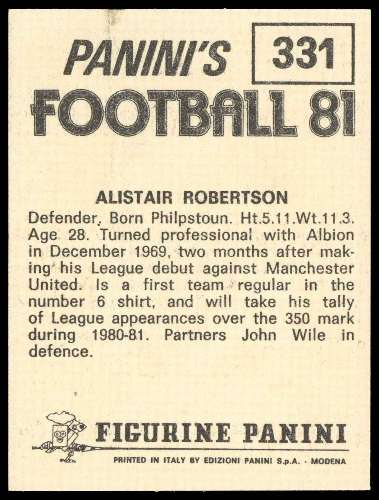 Panini - 'Football 81' (1981) - Alistair Robertson (West Bromwich Albion) Panini - 'Football 81' (1981) - Alistair Robertson (West Bromwich Albion)