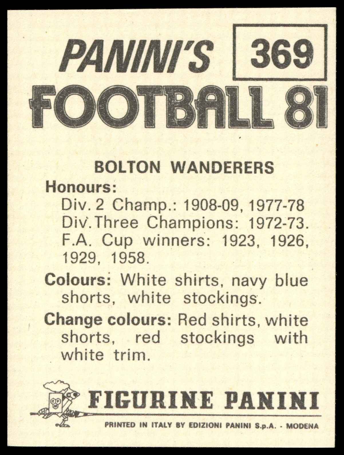 Panini - 'Football 81' (1981) - Team Photo (Bolton Wanderers) Panini - 'Football 81' (1981) - Team Photo (Bolton Wanderers)