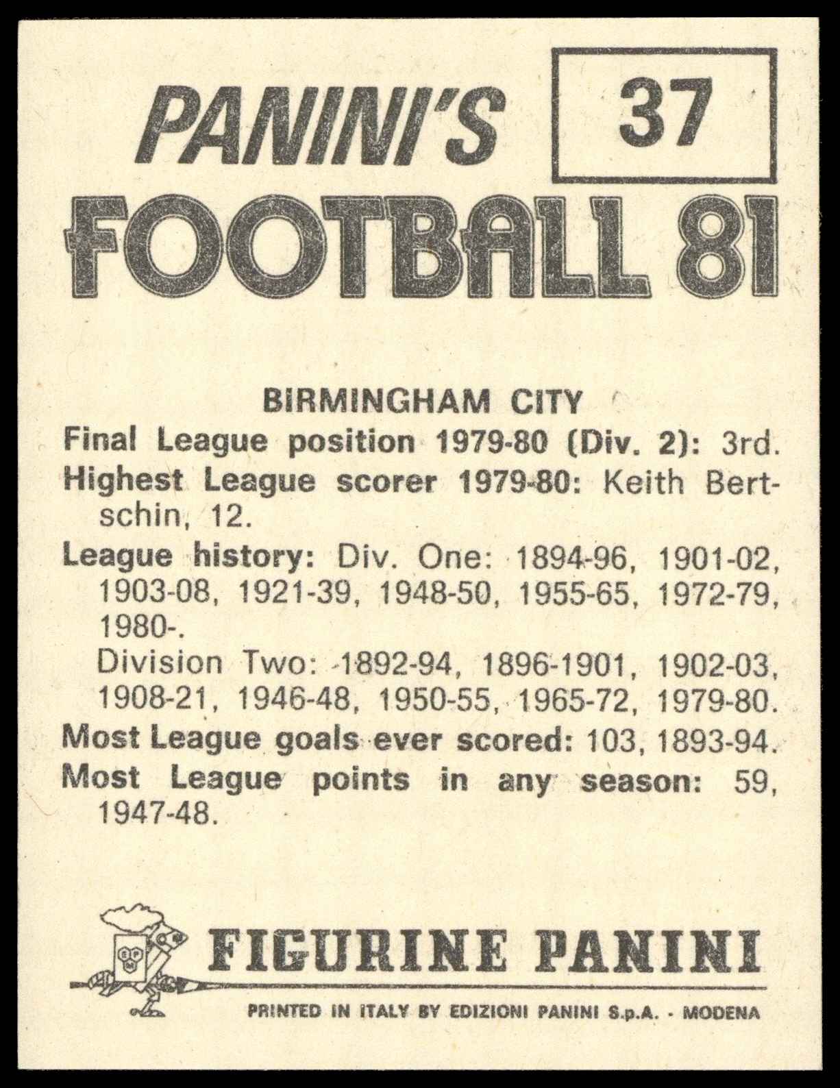 Panini - 'Football 81' (1981) - Team Photo (Birmingham City) Panini - 'Football 81' (1981) - Team Photo (Birmingham City)