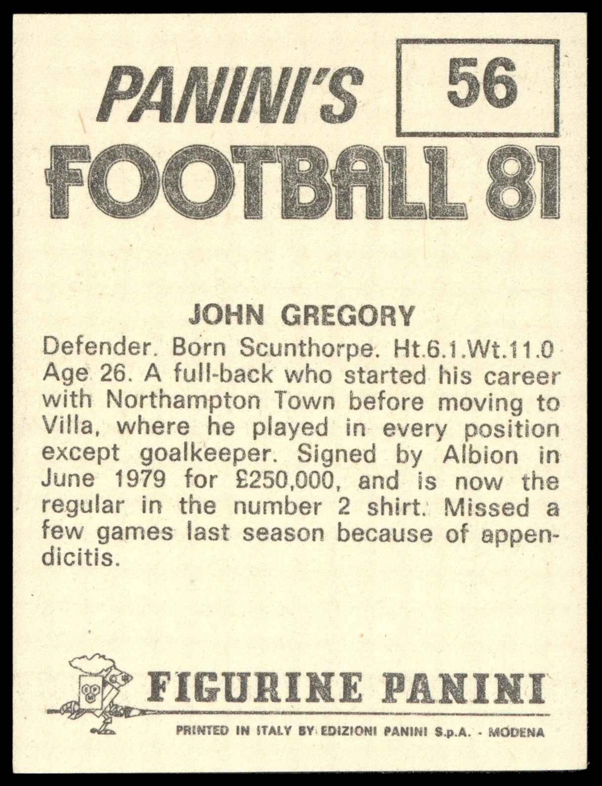 Panini - 'Football 81' (1981) - John Gregory (Brighton & Hove Albion) Panini - 'Football 81' (1981) - John Gregory (Brighton & Hove Albion)