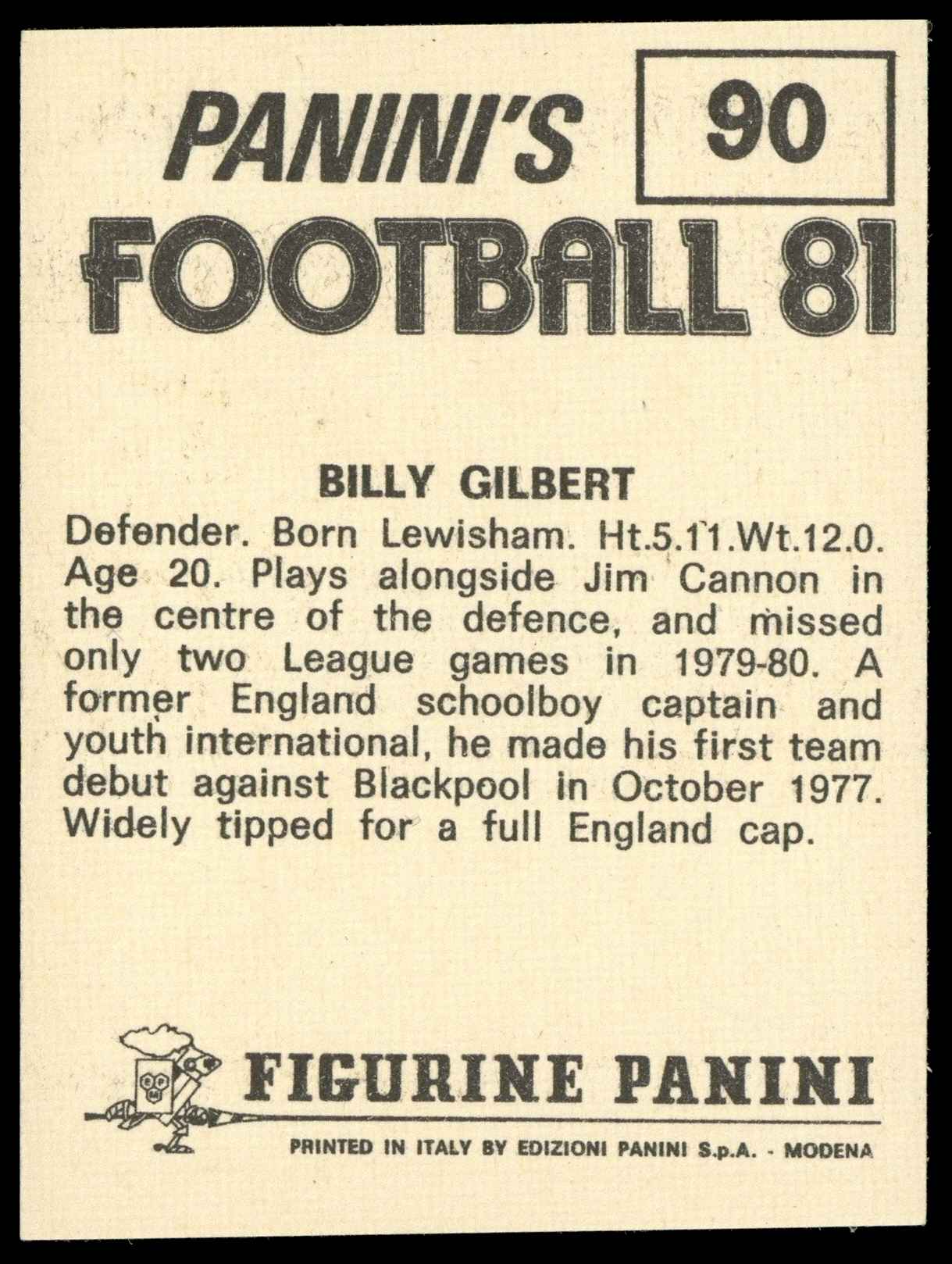 Panini - 'Football 81' (1981) - Billy Gilbert (Crystal Palace) Panini - 'Football 81' (1981) - Billy Gilbert (Crystal Palace)