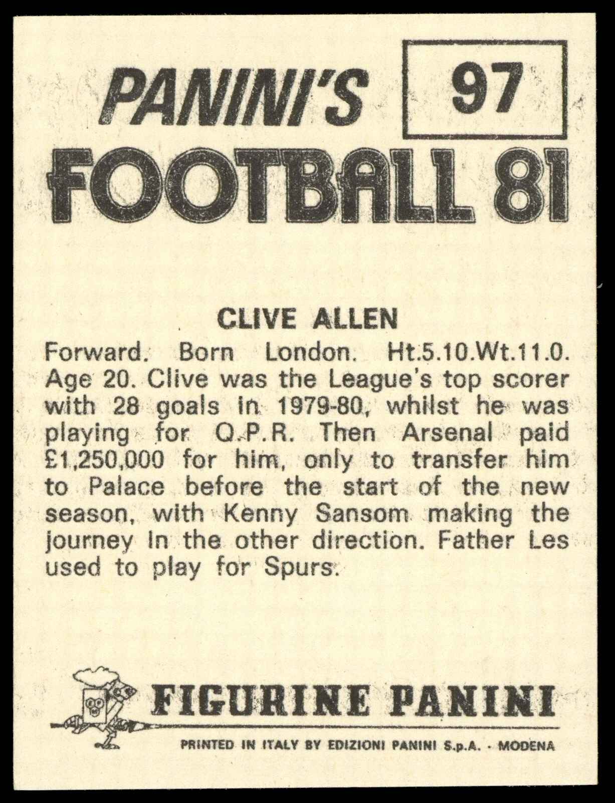 Panini - 'Football 81' (1981) - Clive Allen (Crystal Palace) Panini - 'Football 81' (1981) - Clive Allen (Crystal Palace)