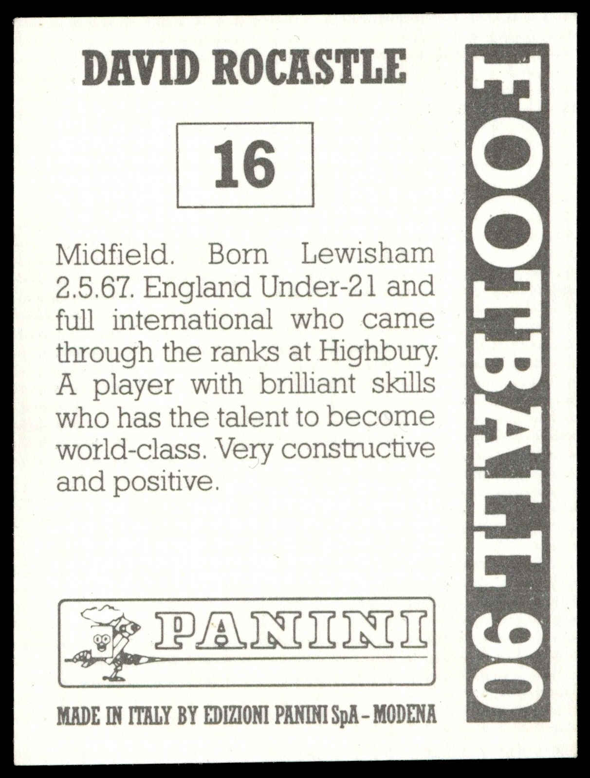Panini - 'Football 90' (1990) - David Rocastle (Arsenal) Panini - 'Football 90' (1990) - David Rocastle (Arsenal)