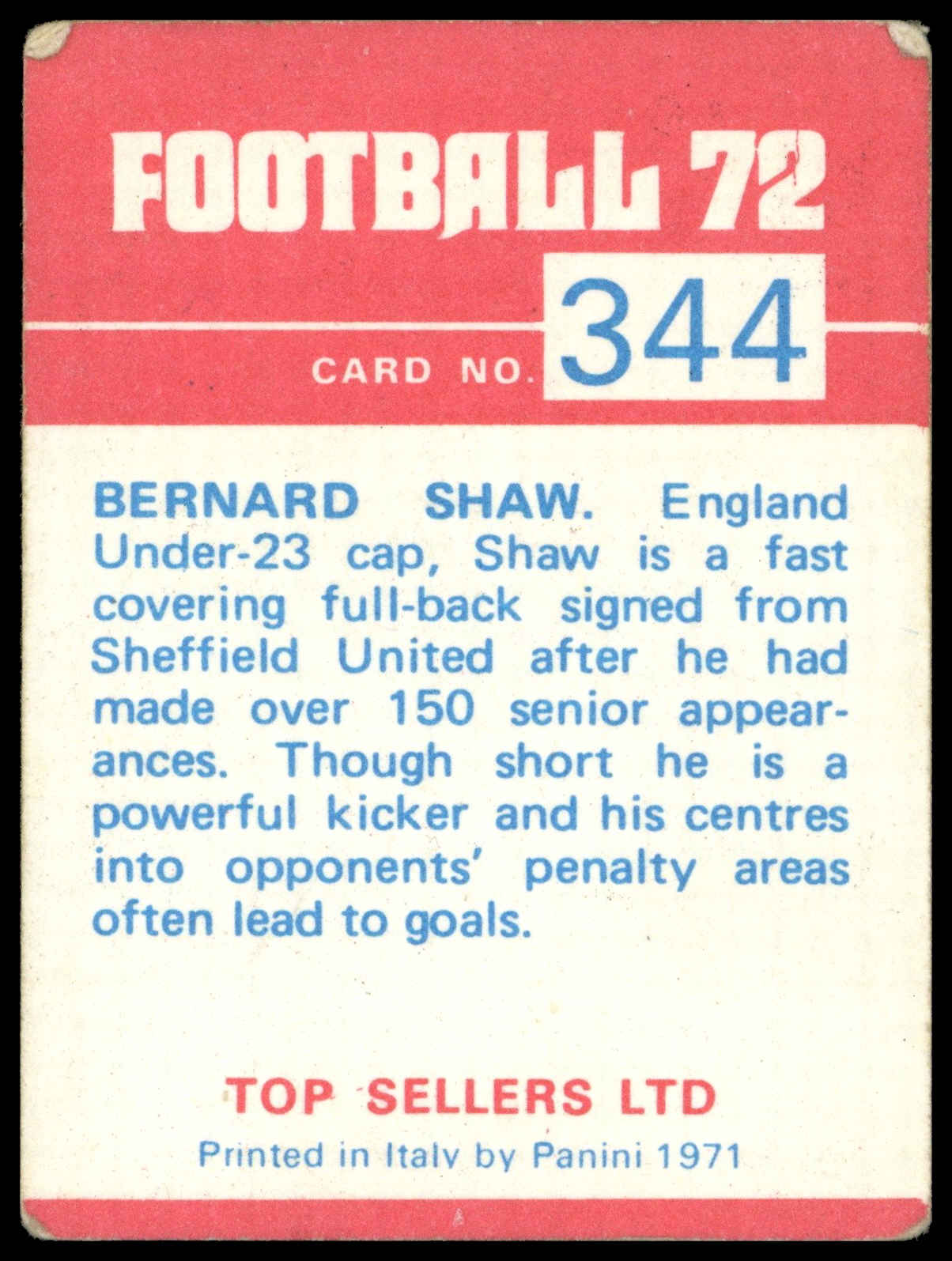 Panini Top Sellers - 'Football 72' (1972) - Bernard Shaw (Wolverhampton Wanderers) Panini Top Sellers - 'Football 72' (1972) - Bernard Shaw (Wolverhampton Wanderers)