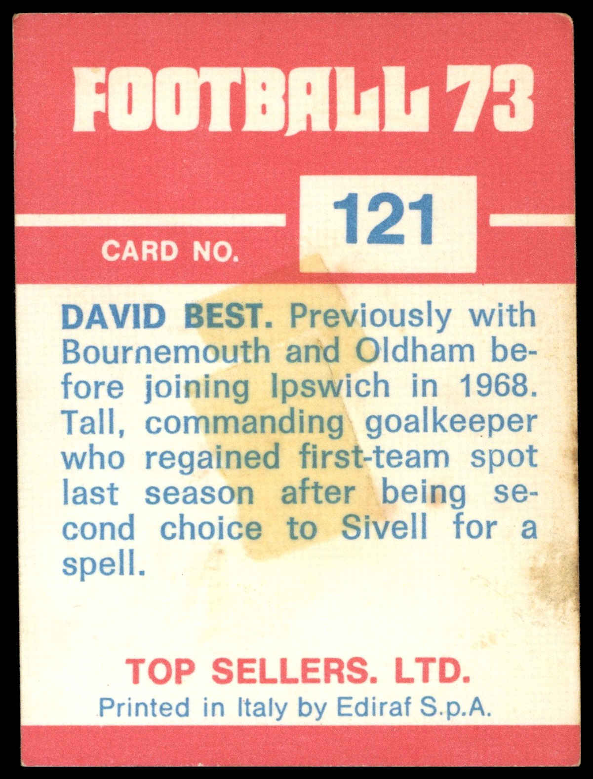 Panini Top Sellers - 'Football 73' (1973) - David Best (Ipswich Town) Panini Top Sellers - 'Football 73' (1973) - David Best (Ipswich Town)