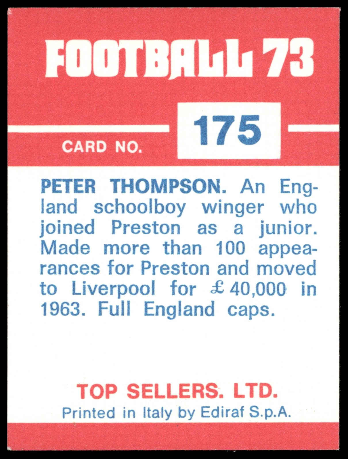 Panini Top Sellers - 'Football 73' (1973) - Phil Thompson (Liverpool) Panini Top Sellers - 'Football 73' (1973) - Phil Thompson (Liverpool)