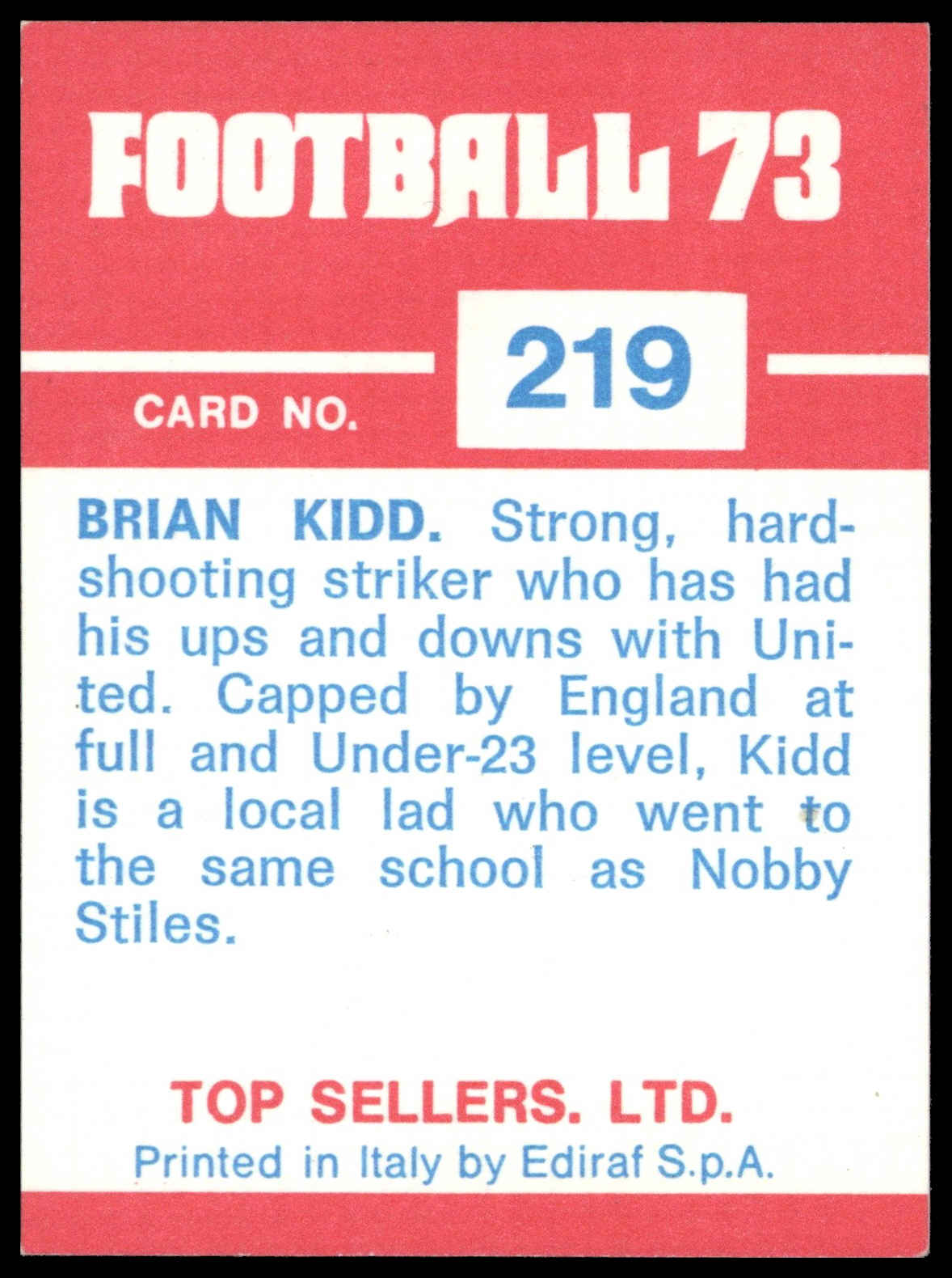 Panini Top Sellers - 'Football 73' (1973) - Brian Kidd (Manchester United) Panini Top Sellers - 'Football 73' (1973) - Brian Kidd (Manchester United)