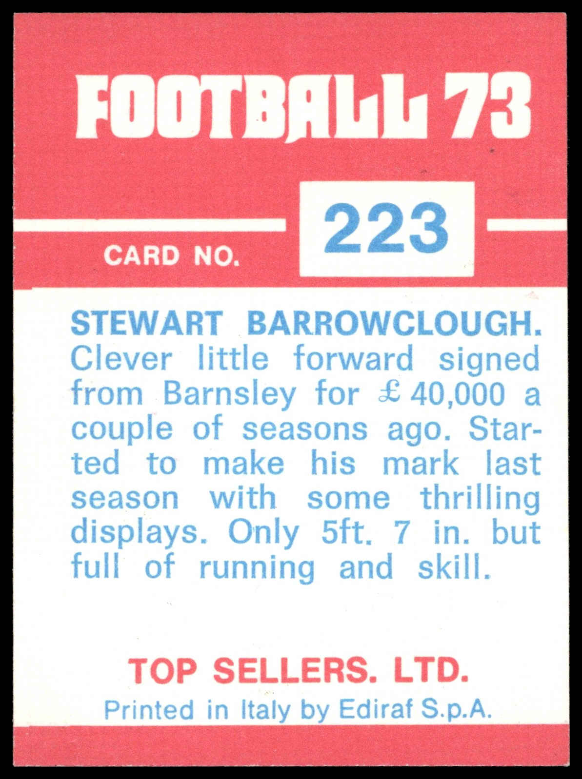 Panini Top Sellers - 'Football 73' (1973) - Stewart Barrowclough (Newcastle United) Panini Top Sellers - 'Football 73' (1973) - Stewart Barrowclough (Newcastle United)