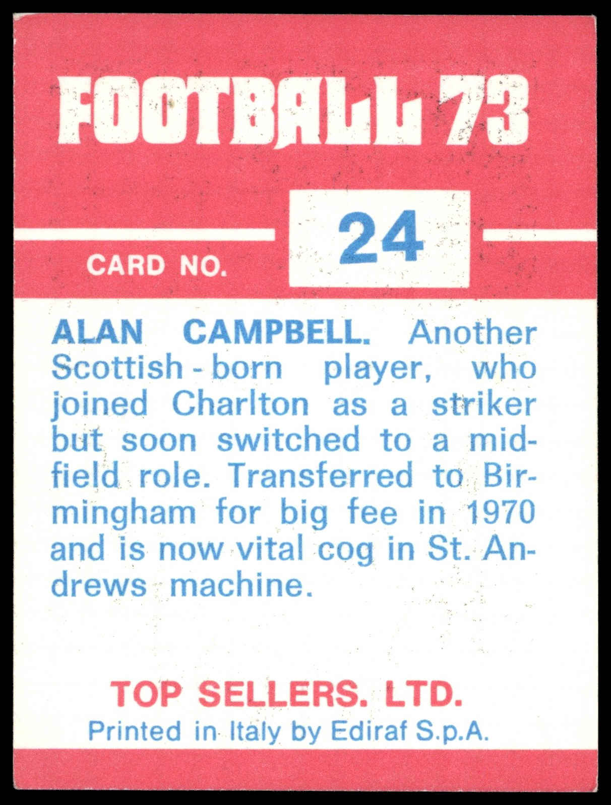 Panini Top Sellers - 'Football 73' (1973) - Alan Campbell (Birmingham City) Panini Top Sellers - 'Football 73' (1973) - Alan Campbell (Birmingham City)
