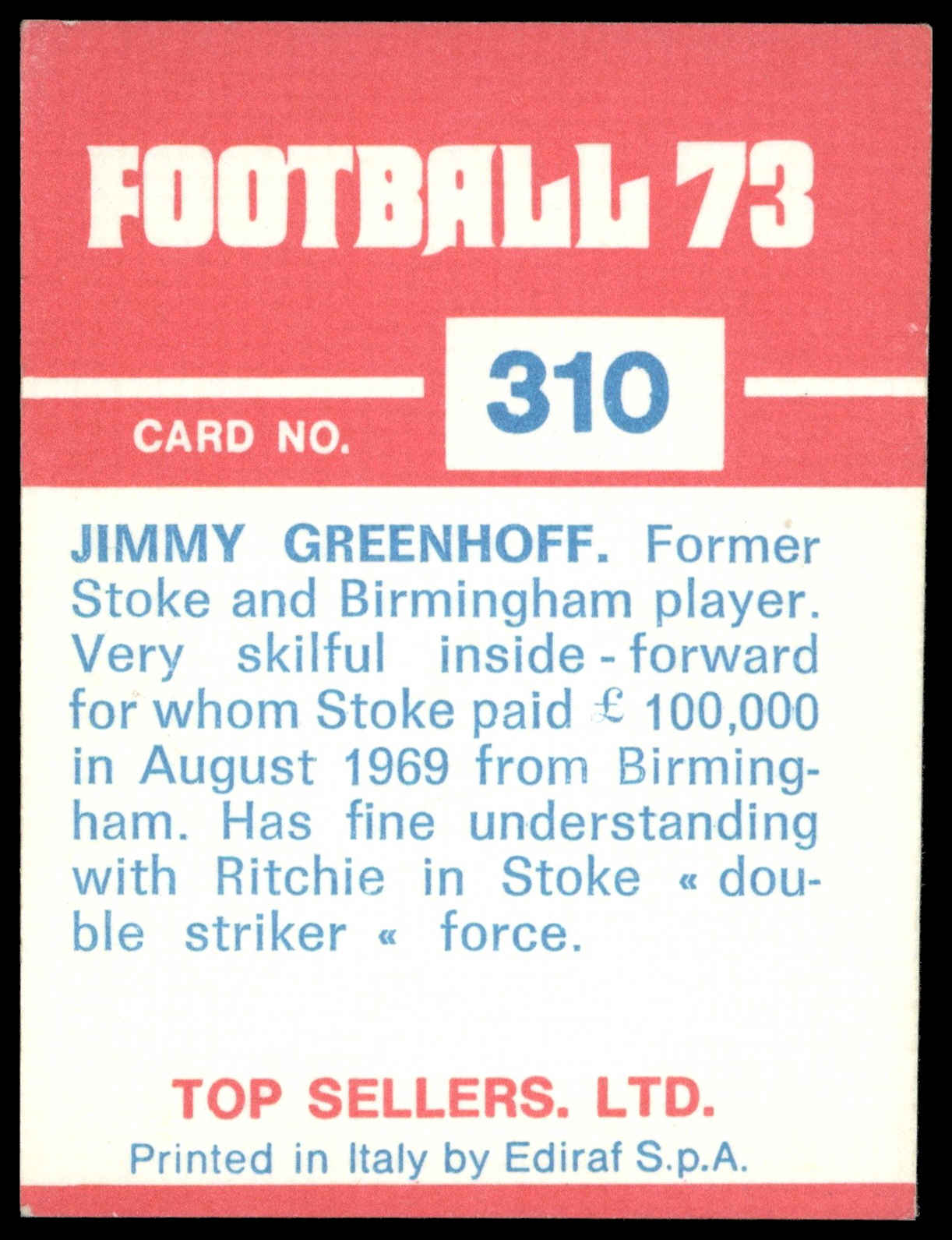Panini Top Sellers - 'Football 73' (1973) - Jimmy Greenhoff (Stoke City) Panini Top Sellers - 'Football 73' (1973) - Jimmy Greenhoff (Stoke City)