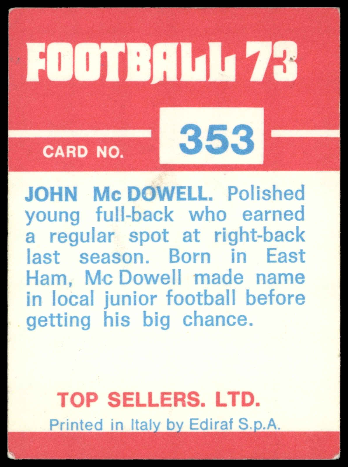 Panini Top Sellers - 'Football 73' (1973) - John McDowell (West Ham United) Panini Top Sellers - 'Football 73' (1973) - John McDowell (West Ham United)