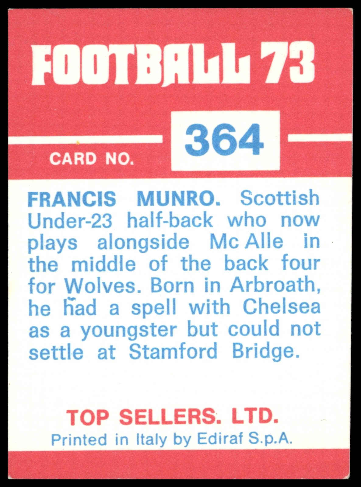 Panini Top Sellers - 'Football 73' (1973) - Frank Munro (Wolverhampton Wanderers) Panini Top Sellers - 'Football 73' (1973) - Frank Munro (Wolverhampton Wanderers)
