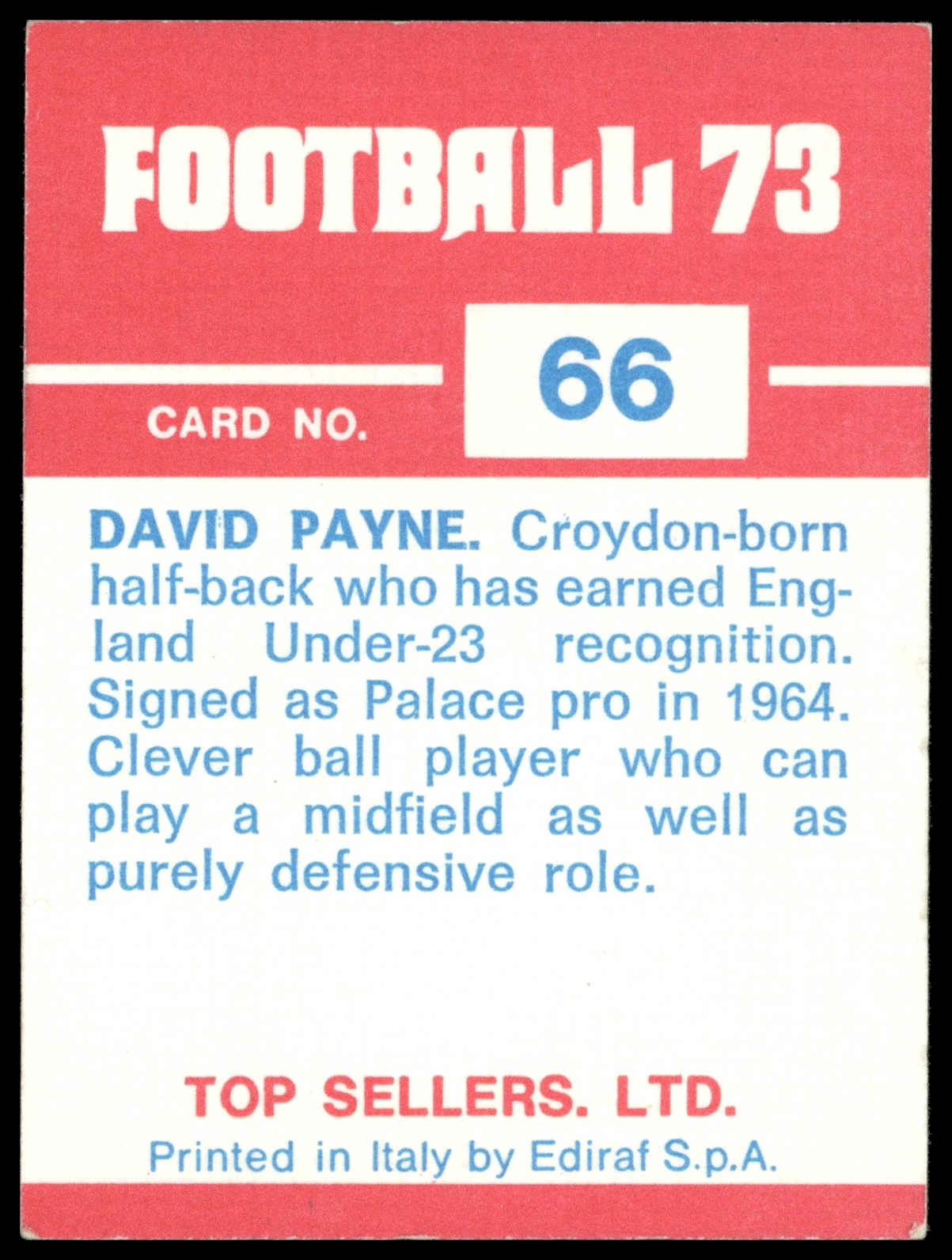 Panini Top Sellers - 'Football 73' (1973) - David Payne (Crystal Palace) Panini Top Sellers - 'Football 73' (1973) - David Payne (Crystal Palace)