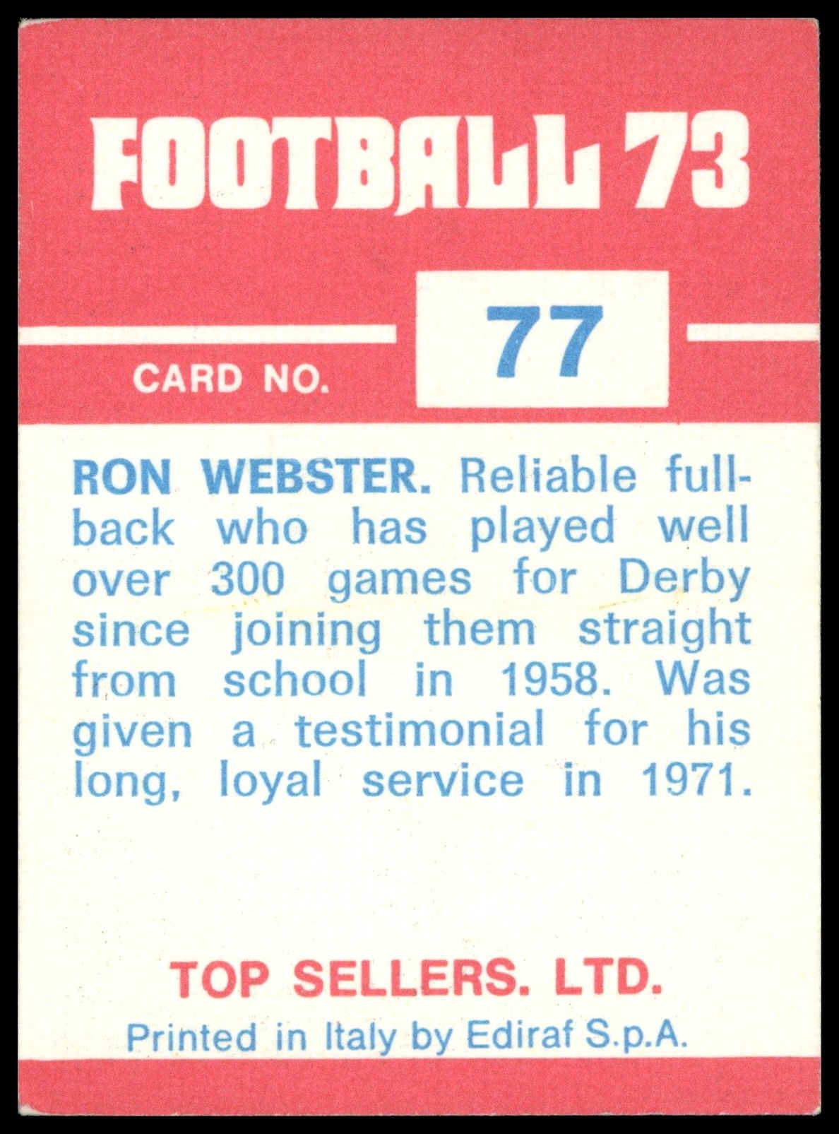 Panini Top Sellers - 'Football 73' (1973) - Ron Webster (Derby County) Panini Top Sellers - 'Football 73' (1973) - Ron Webster (Derby County)