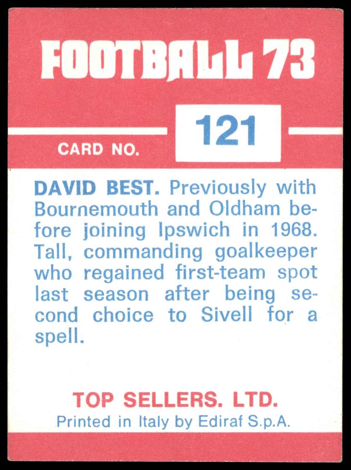 Panini Top Sellers - 'Football 73' (1973) - David Best (Ipswich Town) Panini Top Sellers - 'Football 73' (1973) - David Best (Ipswich Town)