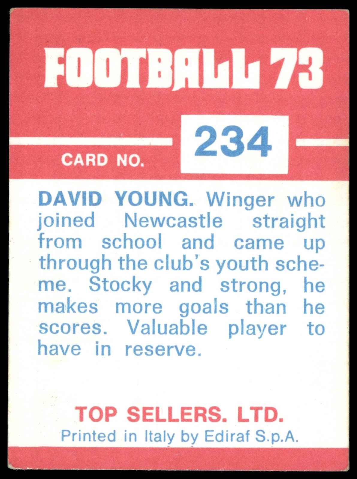 Panini Top Sellers - 'Football 73' (1973) - David Young (Newcastle United) Panini Top Sellers - 'Football 73' (1973) - David Young (Newcastle United)