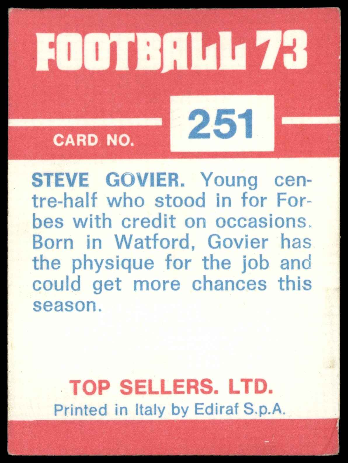 Panini Top Sellers - 'Football 73' (1973) - Steve Govier (Norwich City) Panini Top Sellers - 'Football 73' (1973) - Steve Govier (Norwich City)