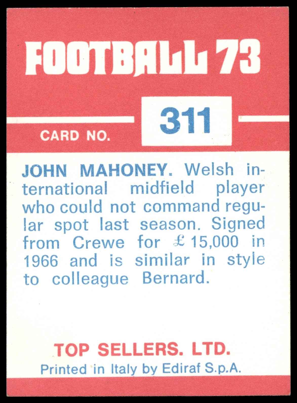 Panini Top Sellers - 'Football 73' (1973) - John Mahoney (Stoke City) Panini Top Sellers - 'Football 73' (1973) - John Mahoney (Stoke City)