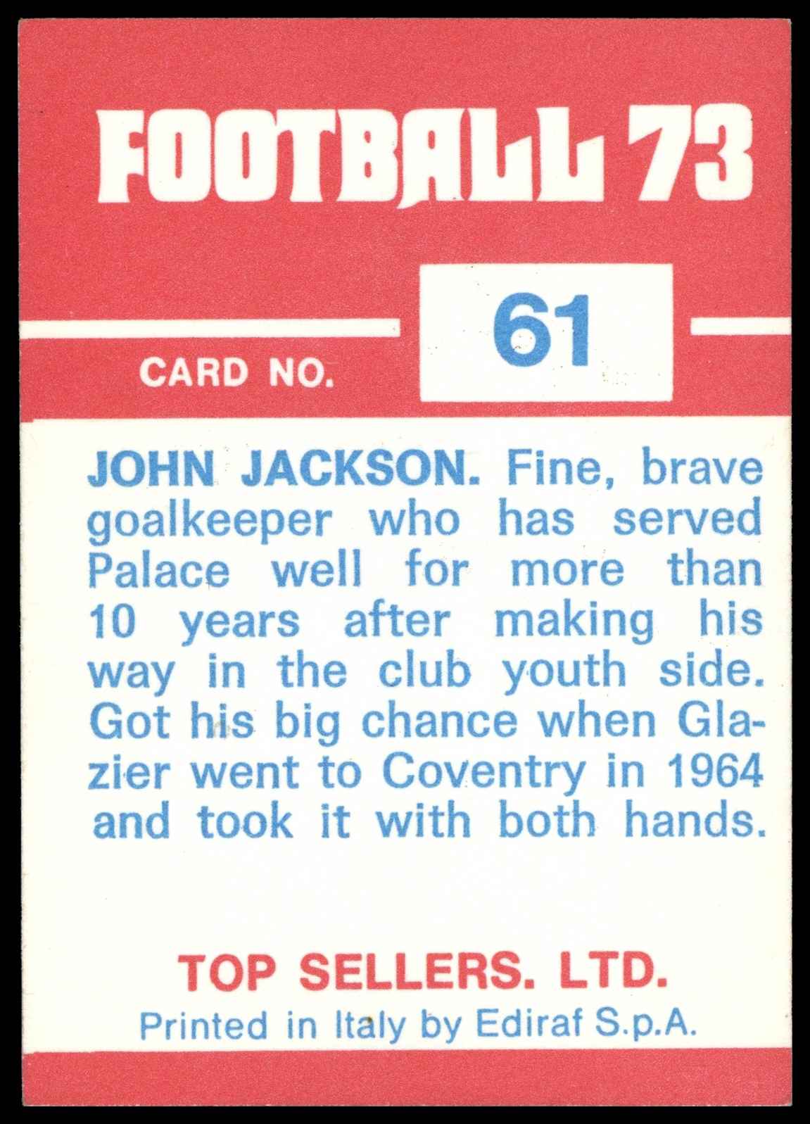 Panini Top Sellers - 'Football 73' (1973) - John Jackson (Crystal Palace) Panini Top Sellers - 'Football 73' (1973) - John Jackson (Crystal Palace)