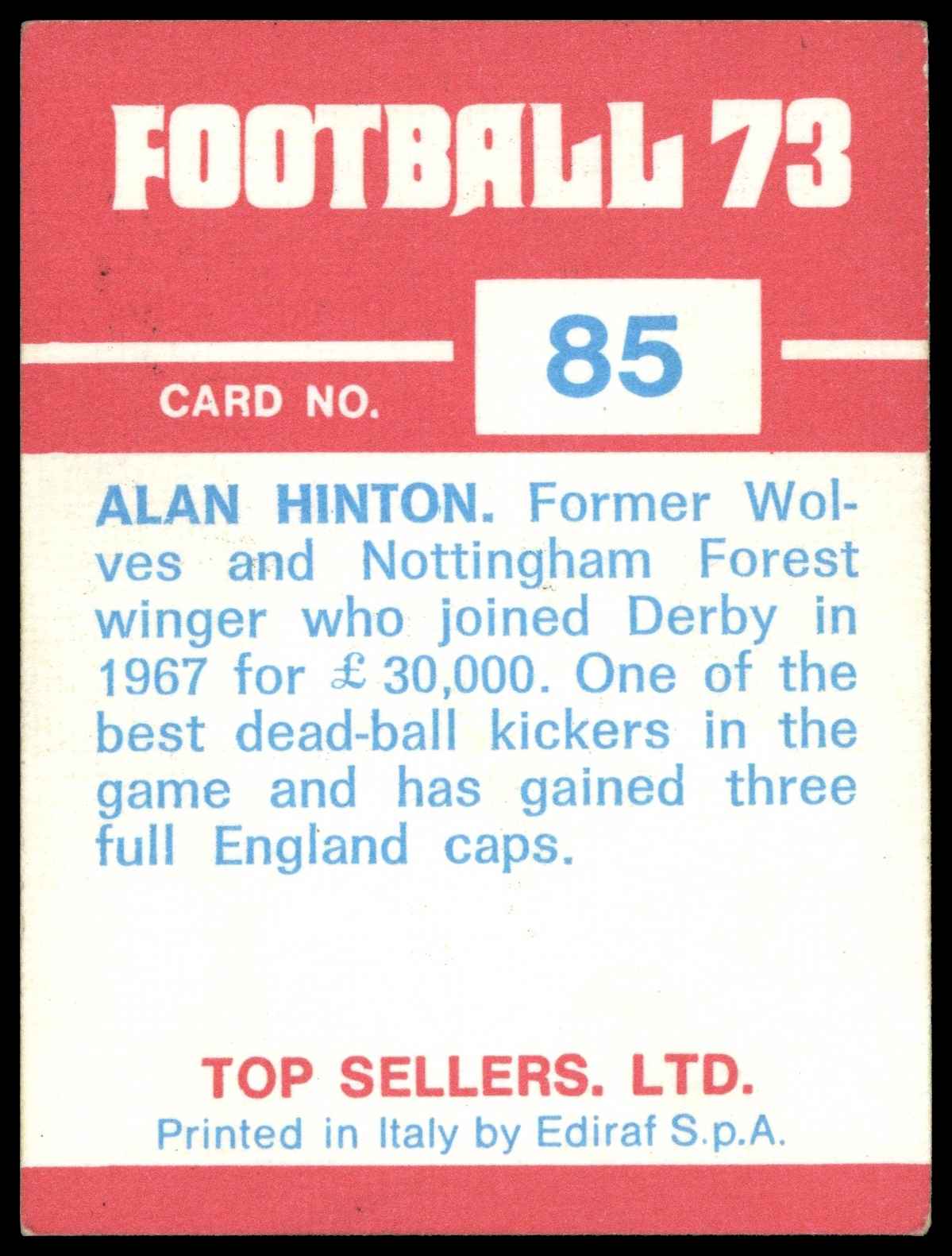 Panini Top Sellers - 'Football 73' (1973) - Alan Hinton (Derby County) Panini Top Sellers - 'Football 73' (1973) - Alan Hinton (Derby County)
