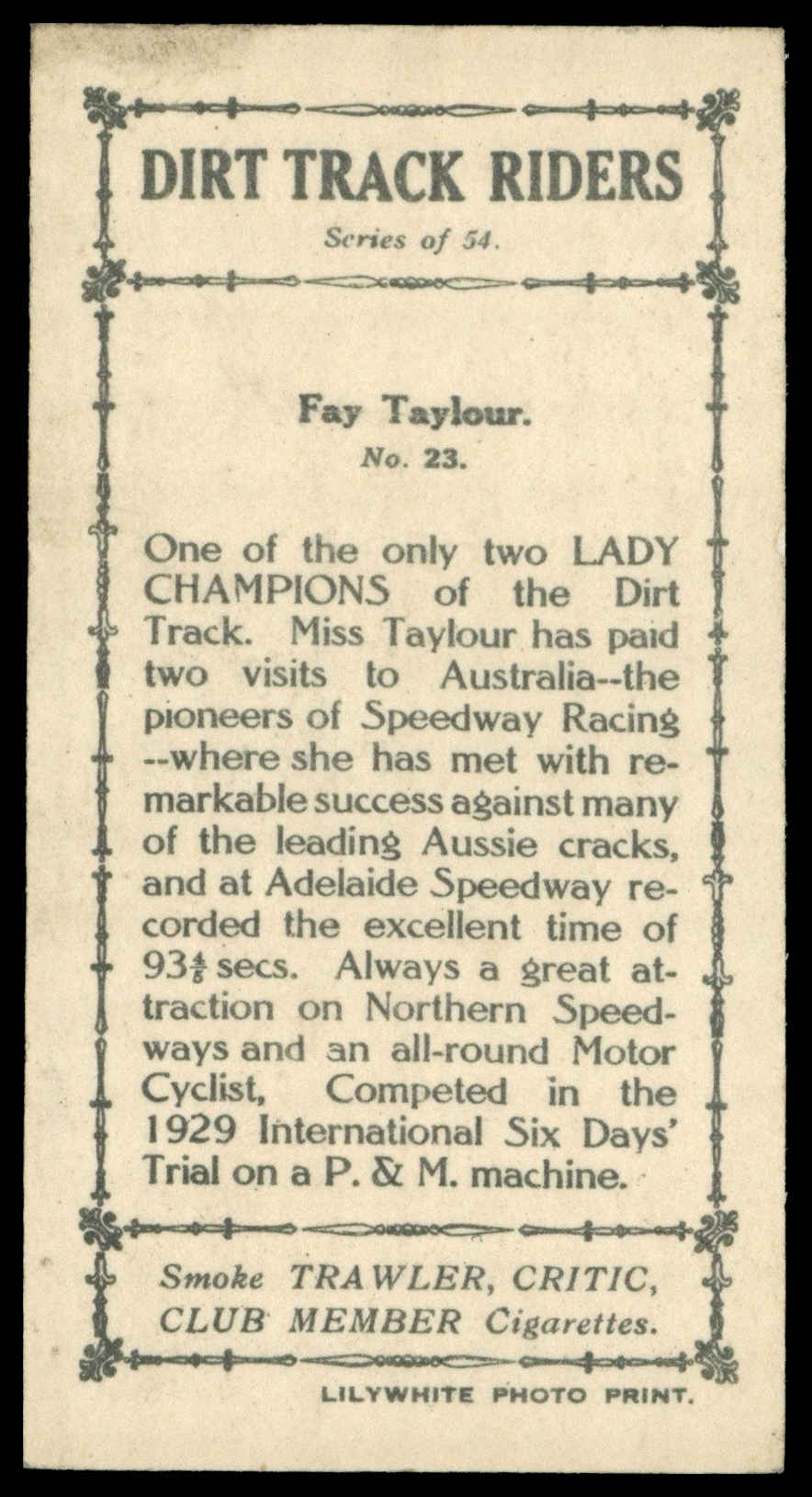 Pattreiouex - 'Dirt Track Riders (Sepia)' (1930) - #23 - Fay Taylour Pattreiouex - 'Dirt Track Riders (Sepia)' (1930) - #23 - Fay Taylour