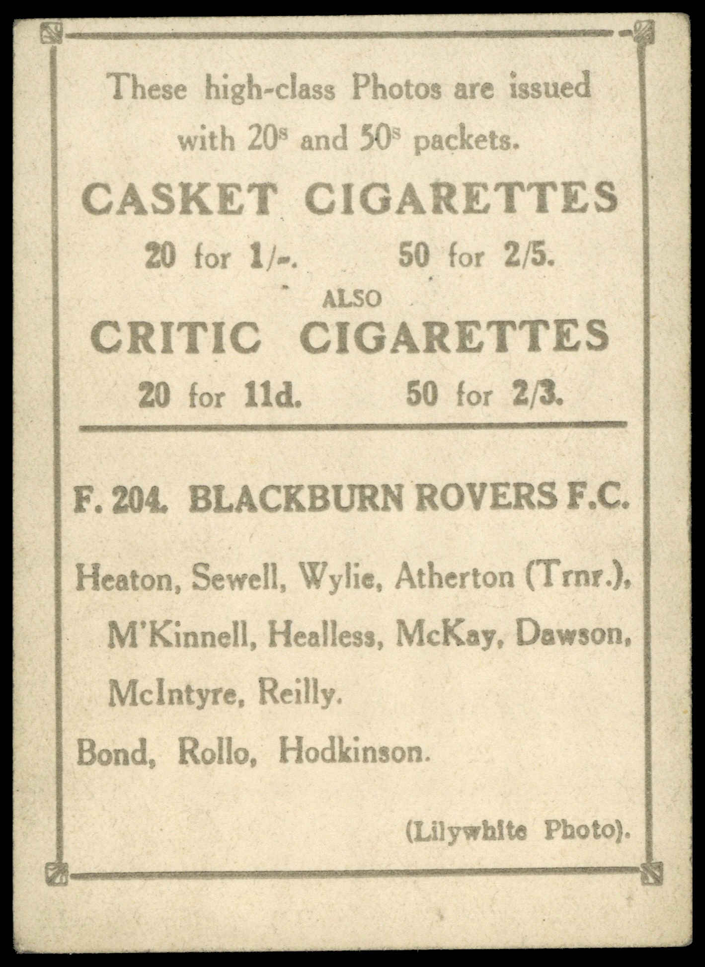 Pattreiouex - Blackburn Rovers FC - 'Football Teams' (1922) Pattreiouex - Blackburn Rovers FC - 'Football Teams' (1922)