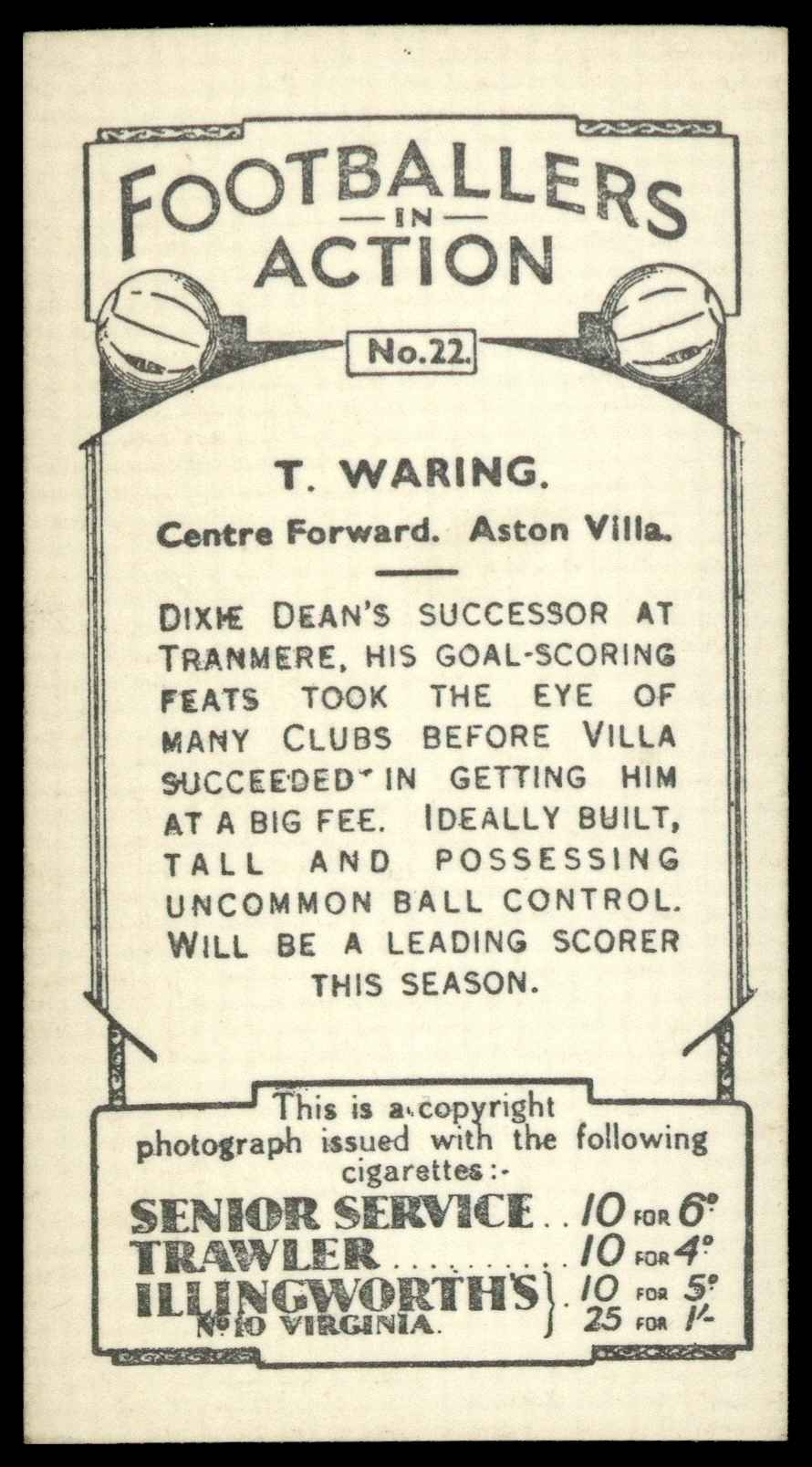 Pattreiouex - 'Footballers in Action' (1934) - T. Waring (Aston Villa) Pattreiouex - 'Footballers in Action' (1934) - T. Waring (Aston Villa)