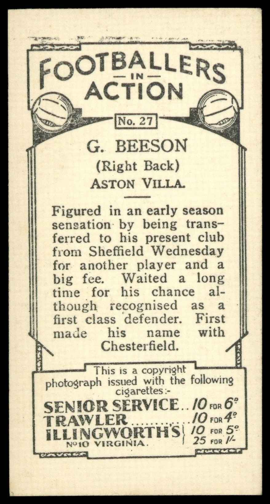 Pattreiouex - 'Footballers in Action' (1934) - G. Beeson (Aston Villa) Pattreiouex - 'Footballers in Action' (1934) - G. Beeson (Aston Villa)