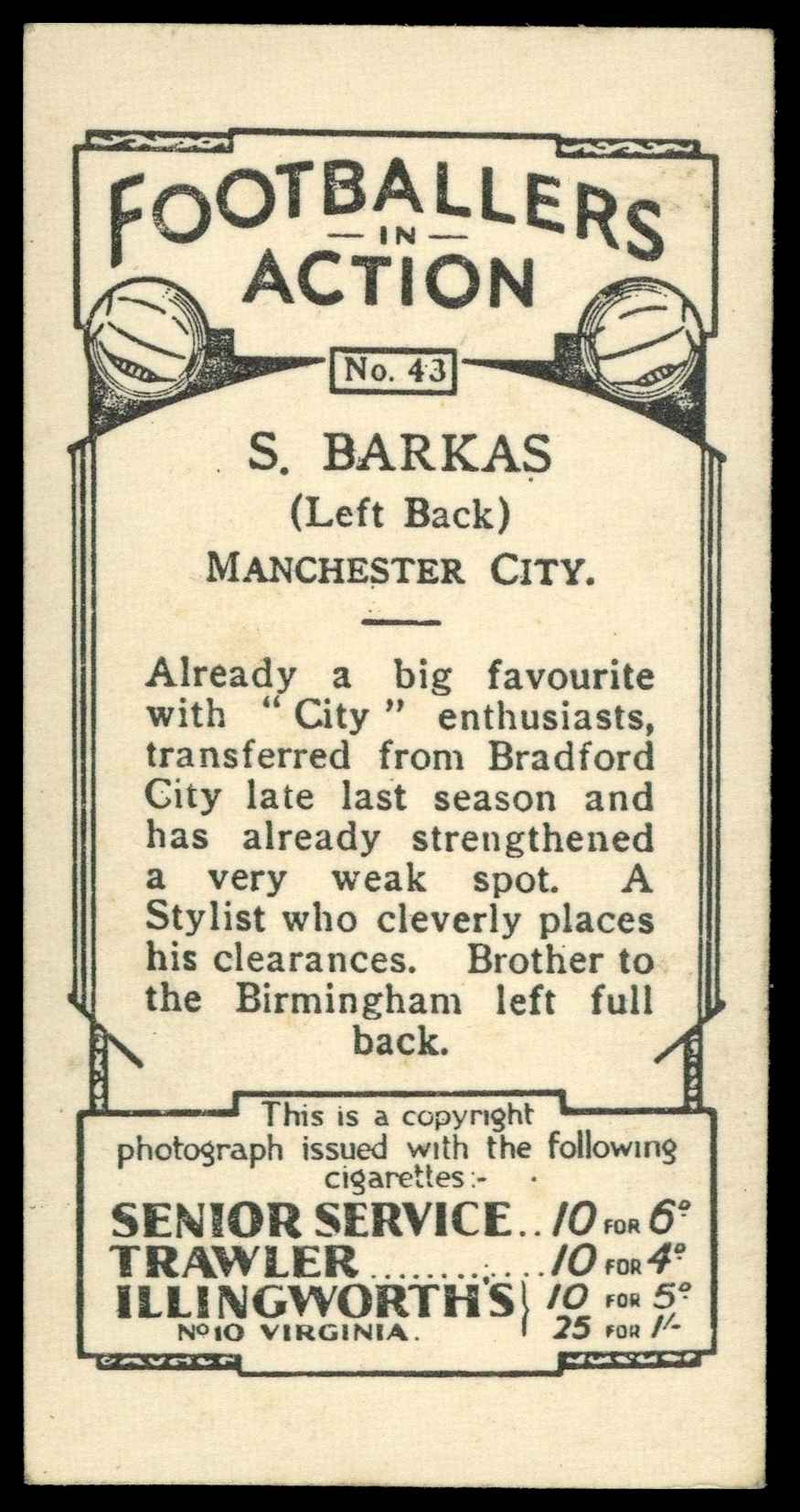 Pattreiouex - 'Footballers in Action' (1934) - S. Barkas (Man City) Pattreiouex - 'Footballers in Action' (1934) - S. Barkas (Man City)