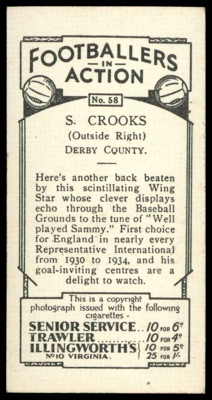 Pattreiouex - 'Footballers in Action' (1934) - S. Crooks (Derby County) Pattreiouex - 'Footballers in Action' (1934) - S. Crooks (Derby County)