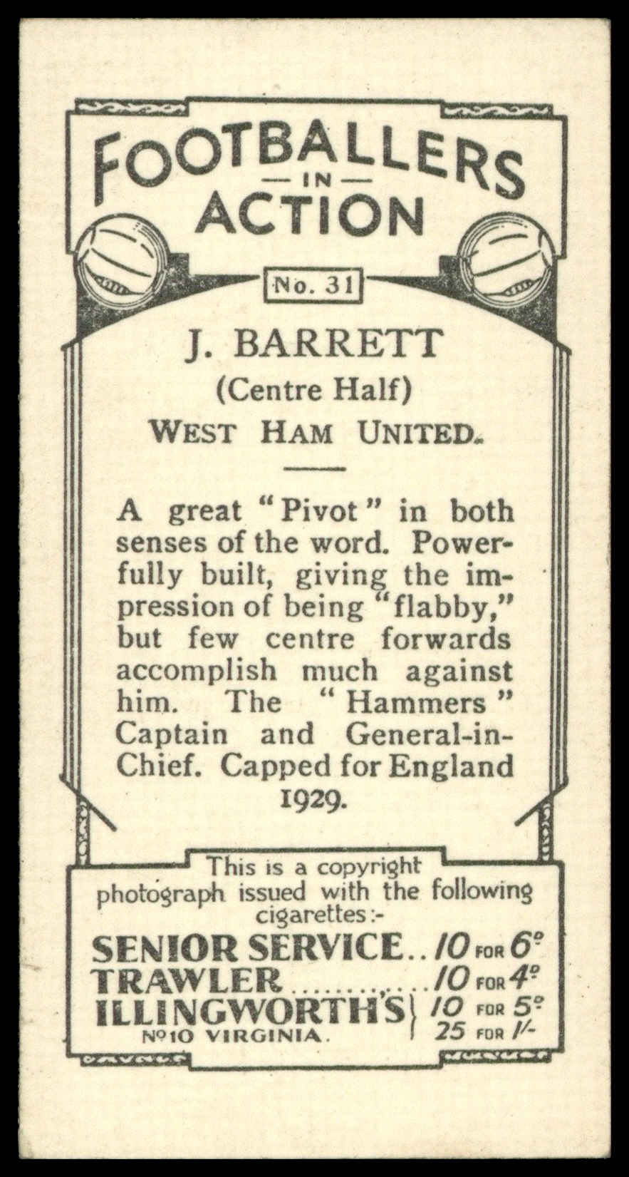 Pattreiouex - 'Footballers in Action' (1934) - J. Barrett (West Ham Utd) Pattreiouex - 'Footballers in Action' (1934) - J. Barrett (West Ham Utd)