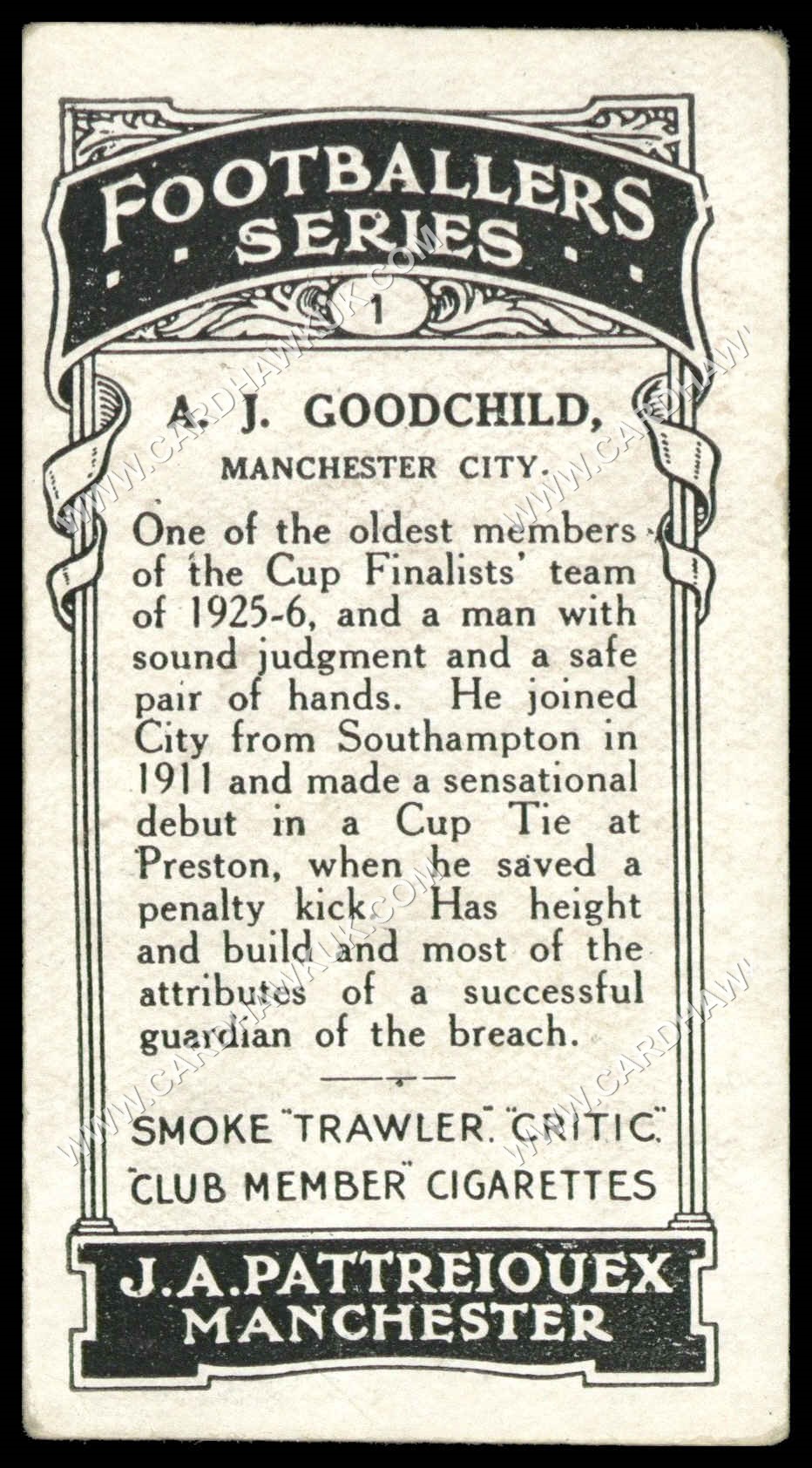 Pattreiouex - A.J. Goodchild (Manchester City)' - Footballers Series (Brown)' (1927) Pattreiouex - A.J. Goodchild (Manchester City)' - Footballers Series (Brown)' (1927)