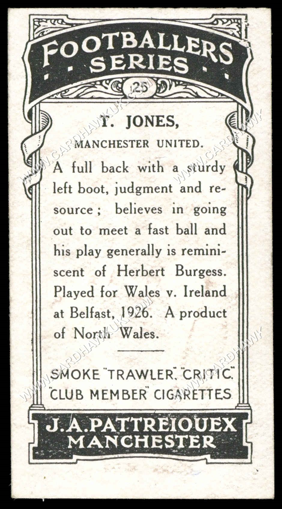 Pattreiouex - T. Jones (Manchester United)' - Footballers Series (Brown)' (1927) Pattreiouex - T. Jones (Manchester United)' - Footballers Series (Brown)' (1927)