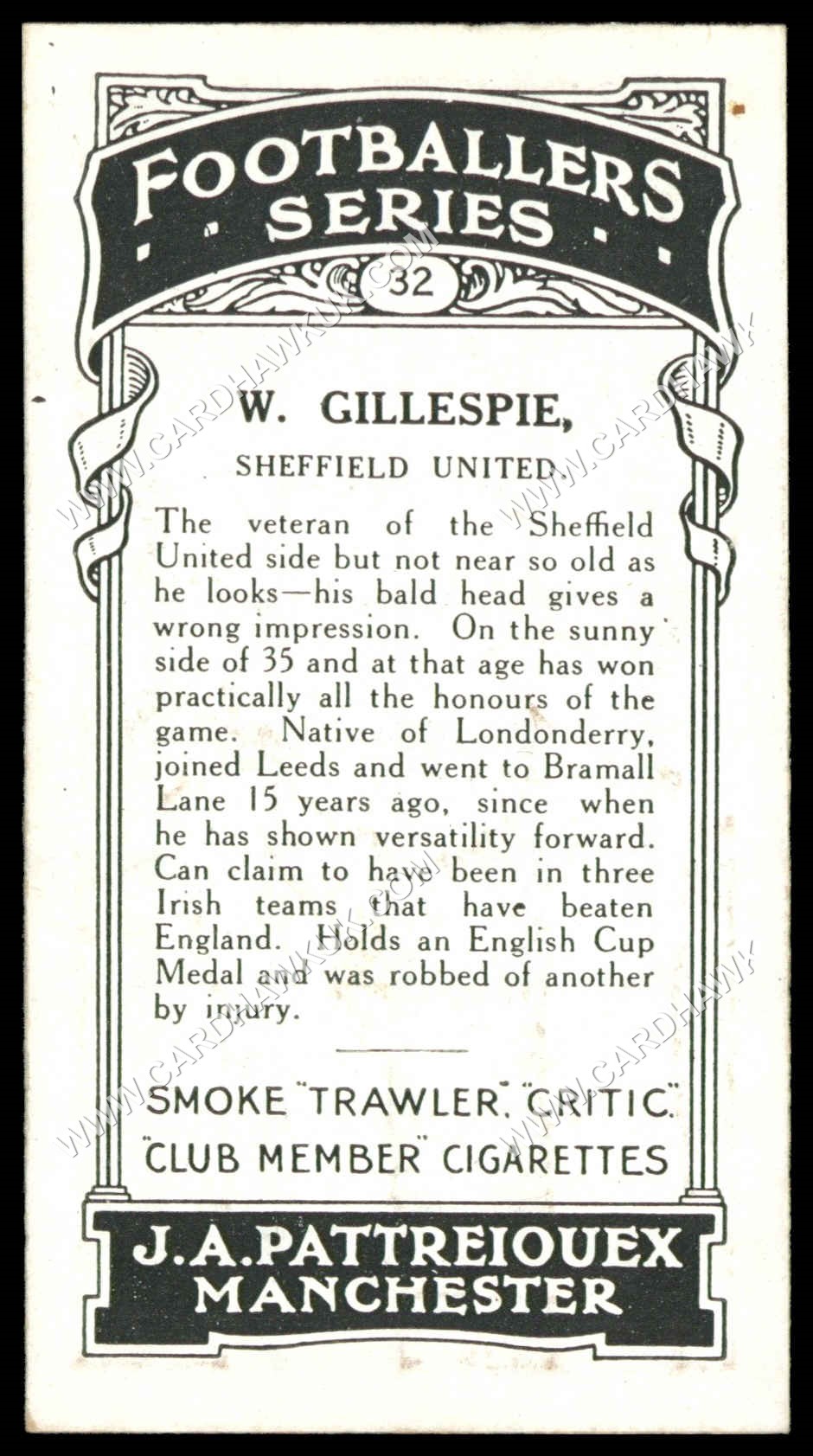 Pattreiouex - W. Gillespie (Sheffield United)' - Footballers Series (Brown)' (1927) Pattreiouex - W. Gillespie (Sheffield United)' - Footballers Series (Brown)' (1927)
