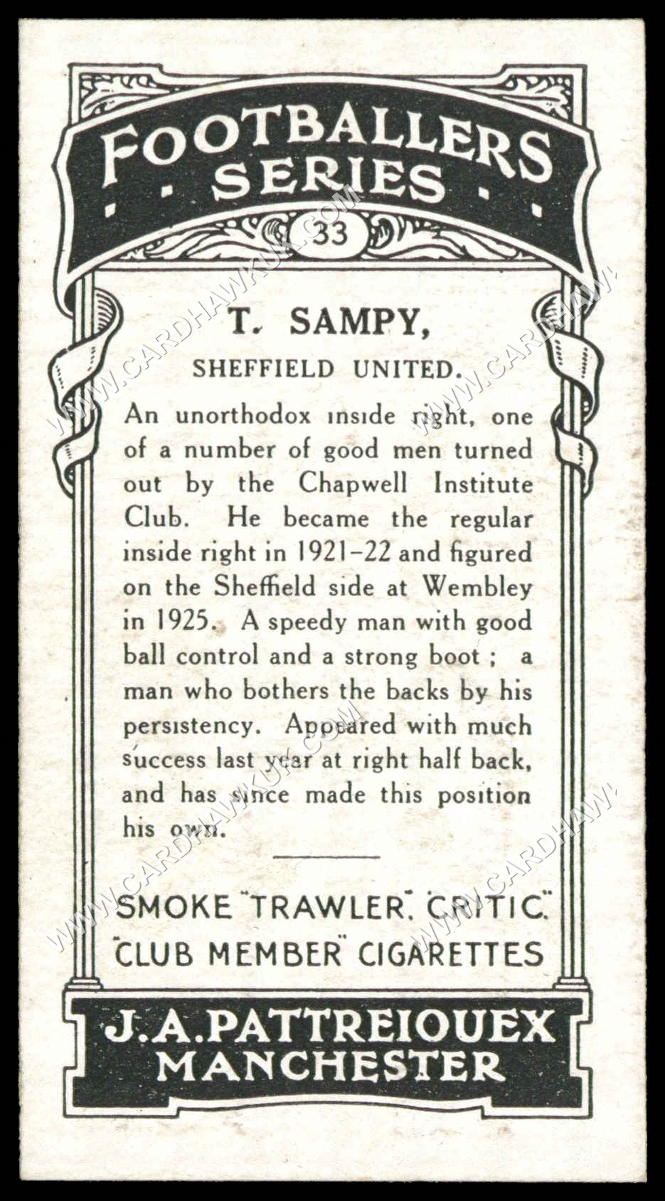 Pattreiouex - T. Sampy (Sheffield United)' - Footballers Series (Brown)' (1927) Pattreiouex - T. Sampy (Sheffield United)' - Footballers Series (Brown)' (1927)