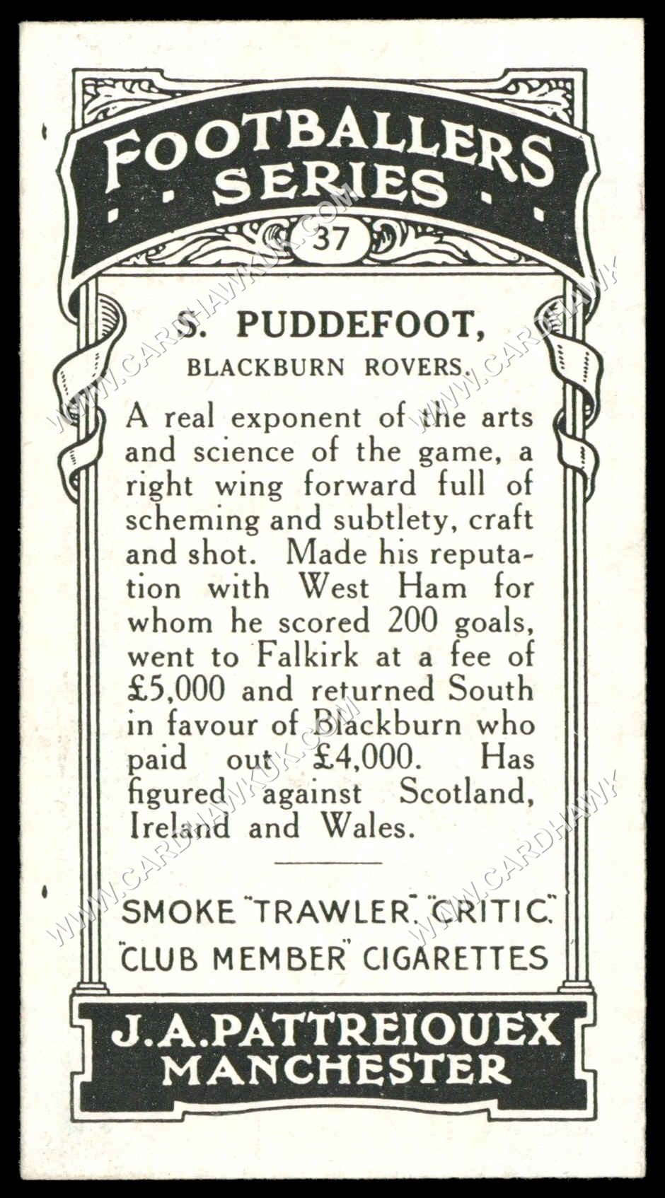 Pattreiouex - S. Puddefoot (Blackburn Rovers)' - Footballers Series (Brown)' (1927) Pattreiouex - S. Puddefoot (Blackburn Rovers)' - Footballers Series (Brown)' (1927)