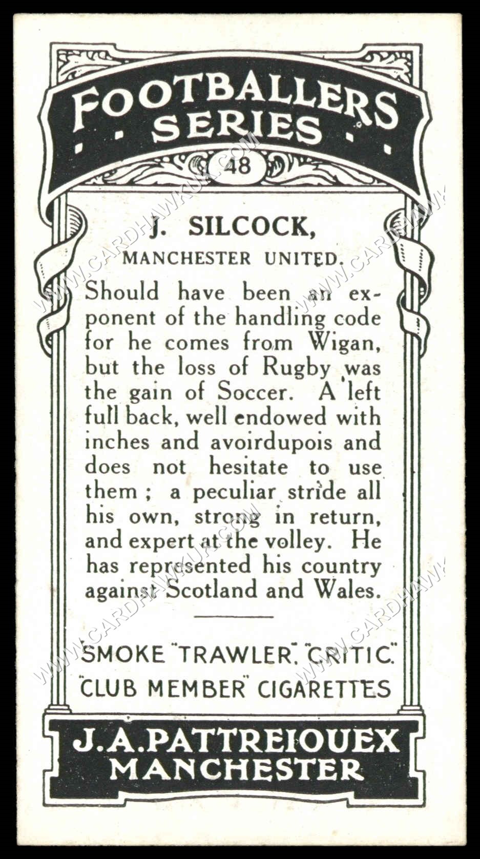Pattreiouex - J. Silcock (Manchester United)' - Footballers Series (Brown)' (1927) Pattreiouex - J. Silcock (Manchester United)' - Footballers Series (Brown)' (1927)