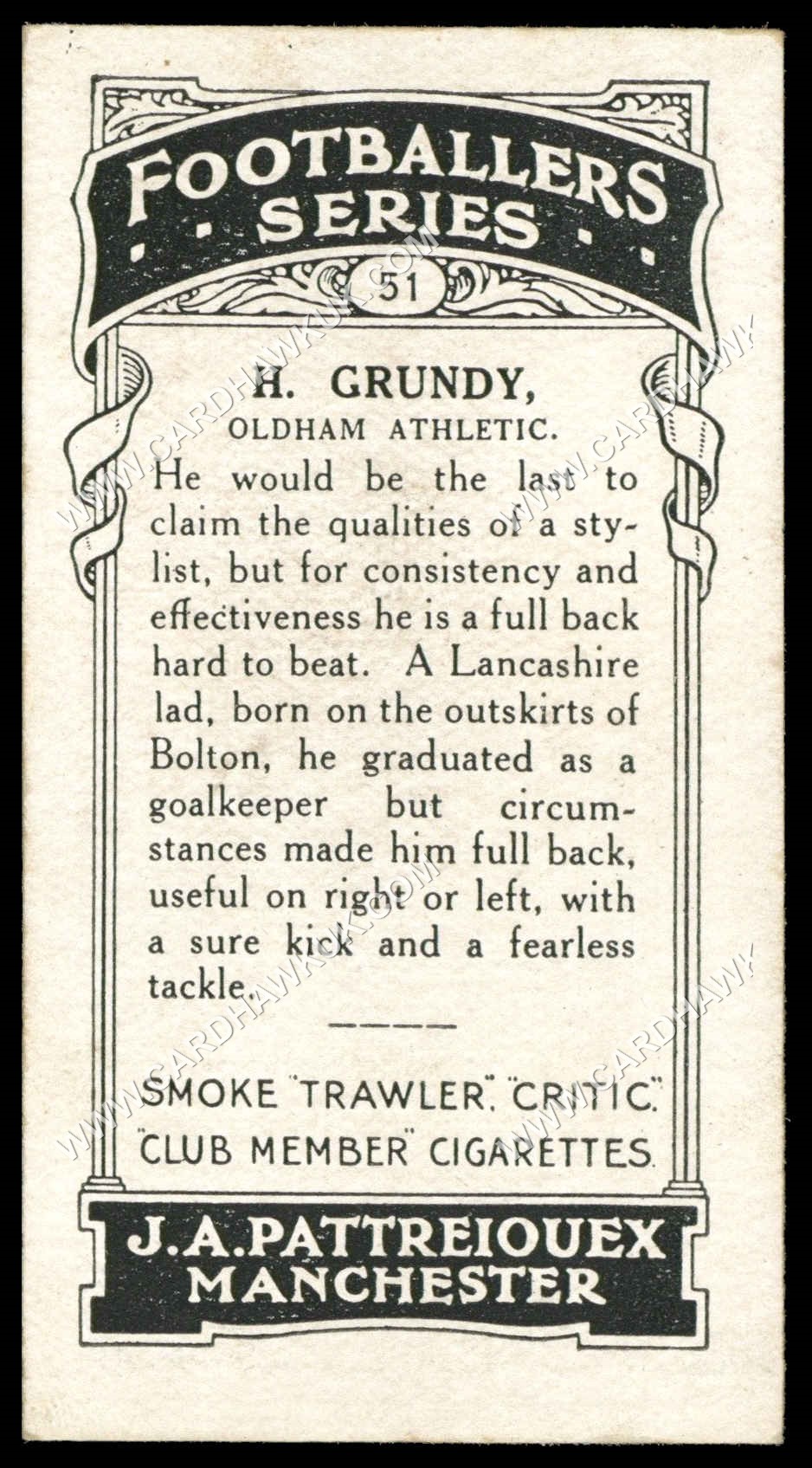 Pattreiouex - H. Grundy (Oldham Athletic)' - Footballers Series (Brown)' (1927) Pattreiouex - H. Grundy (Oldham Athletic)' - Footballers Series (Brown)' (1927)