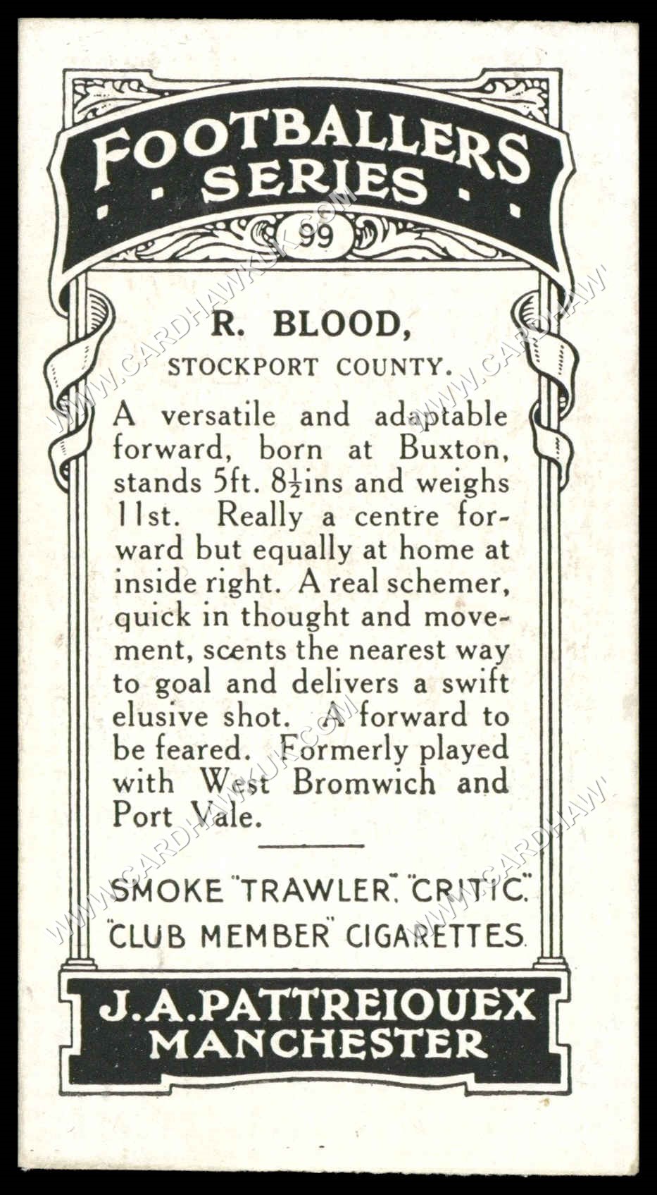 Pattreiouex - R. Blood (Stockport County)' - Footballers Series (Brown)' (1927) Pattreiouex - R. Blood (Stockport County)' - Footballers Series (Brown)' (1927)