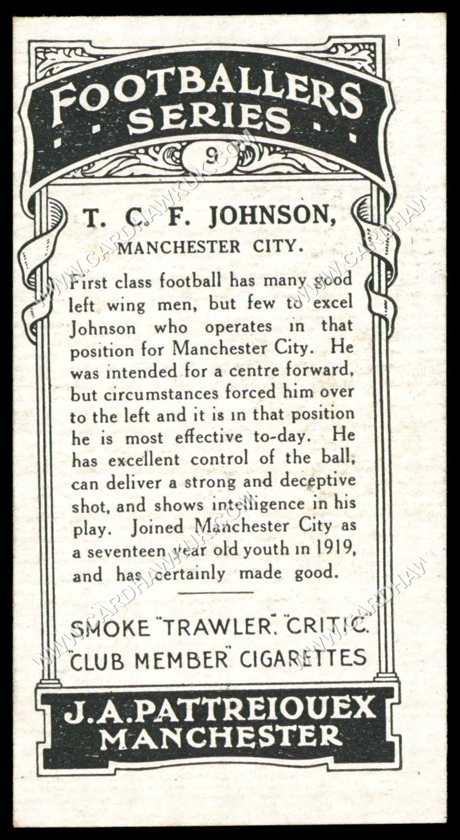 Pattreiouex - T.C.F. Johnson (Manchester City)' - Footballers Series (Brown)' (1927) Pattreiouex - T.C.F. Johnson (Manchester City)' - Footballers Series (Brown)' (1927)