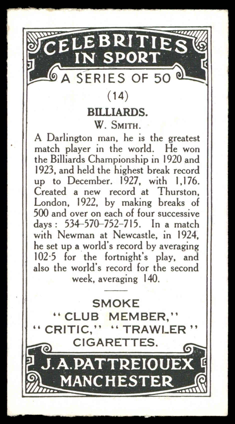 Pattreiouex - 'Celebrities in Sport' (c1930) - W. Smith (Billiards) Pattreiouex - 'Celebrities in Sport' (c1930) - W. Smith (Billiards)
