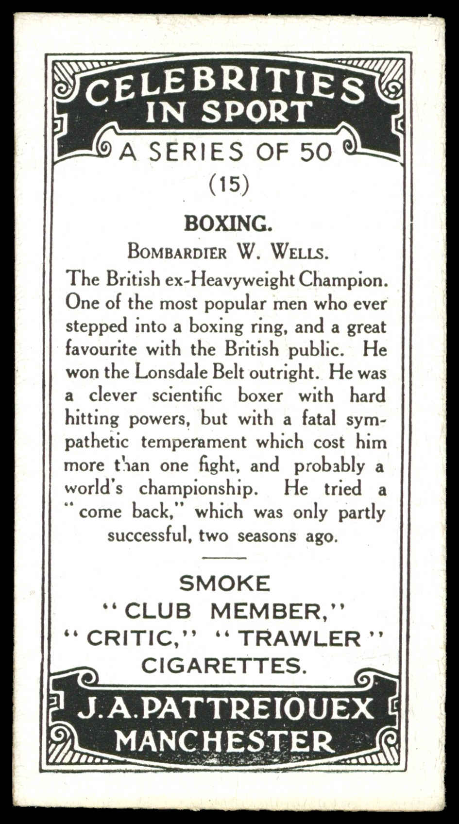 Pattreiouex - 'Celebrities in Sport' (c1930) - Bombardier W. Wells (Boxing) Pattreiouex - 'Celebrities in Sport' (c1930) - Bombardier W. Wells (Boxing)