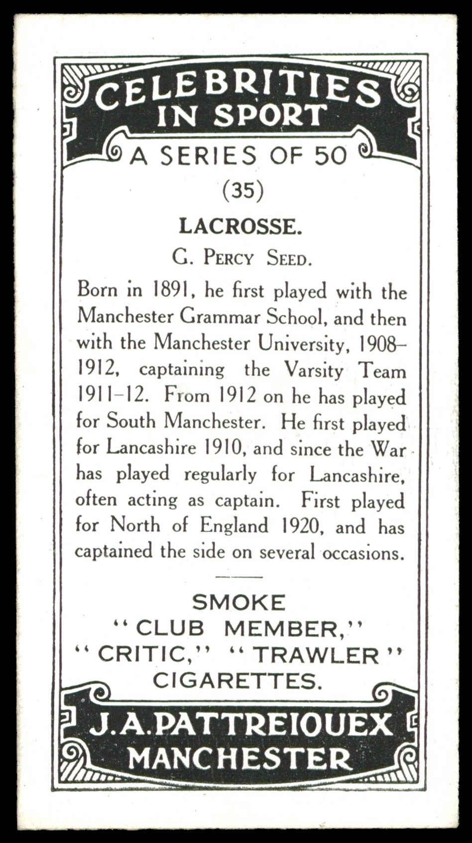 Pattreiouex - 'Celebrities in Sport' (c1930) - G. Percy Seed (Lacrosse) Pattreiouex - 'Celebrities in Sport' (c1930) - G. Percy Seed (Lacrosse)
