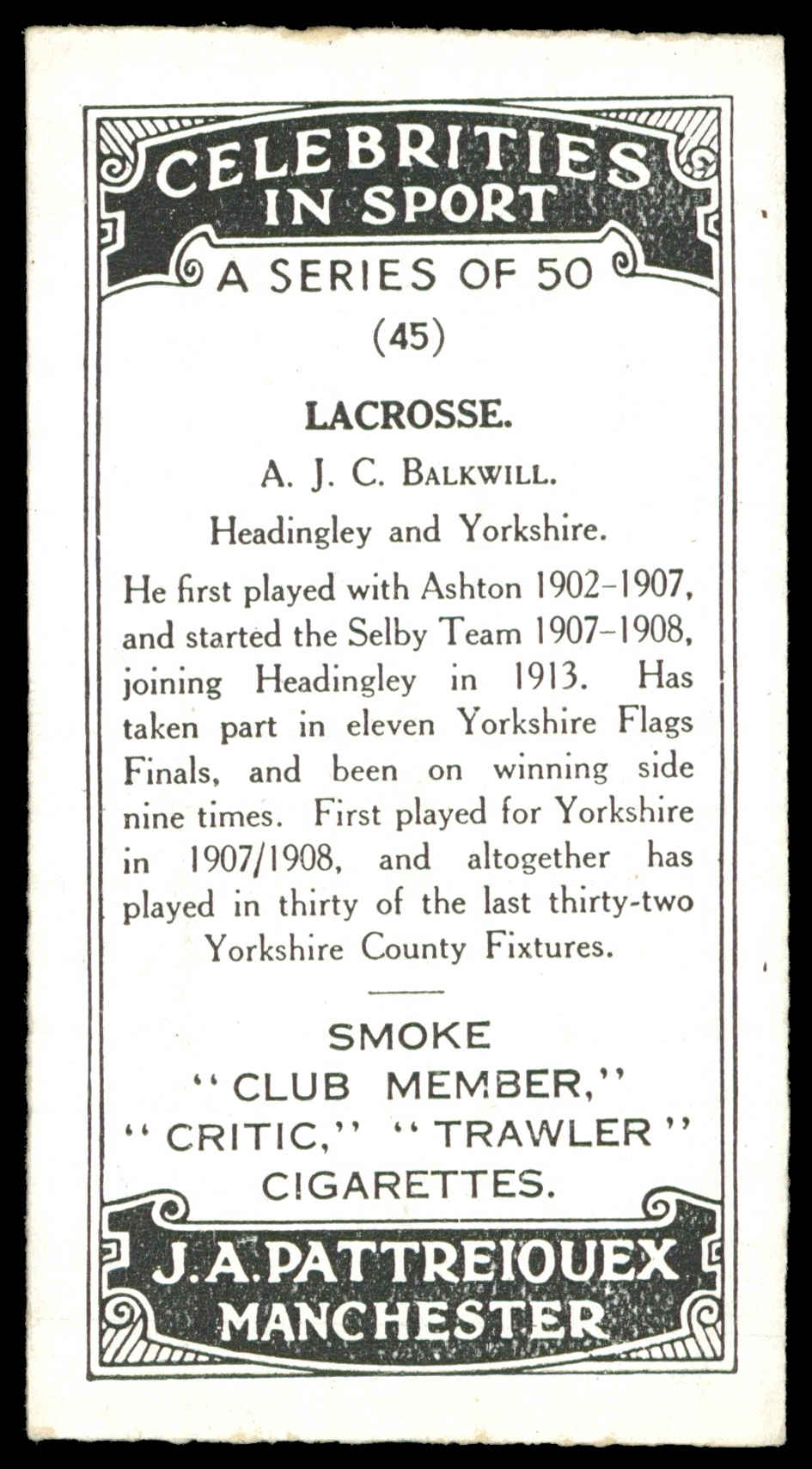 Pattreiouex - 'Celebrities in Sport' (c1930) - A.J.C. Balkwill (Lacrosse) Pattreiouex - 'Celebrities in Sport' (c1930) - A.J.C. Balkwill (Lacrosse)