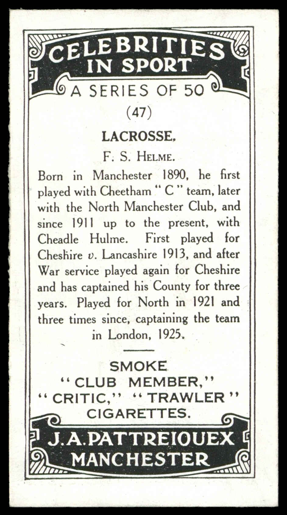 Pattreiouex - 'Celebrities in Sport' (c1930) - F.S. Helme (Lacrosse) Pattreiouex - 'Celebrities in Sport' (c1930) - F.S. Helme (Lacrosse)